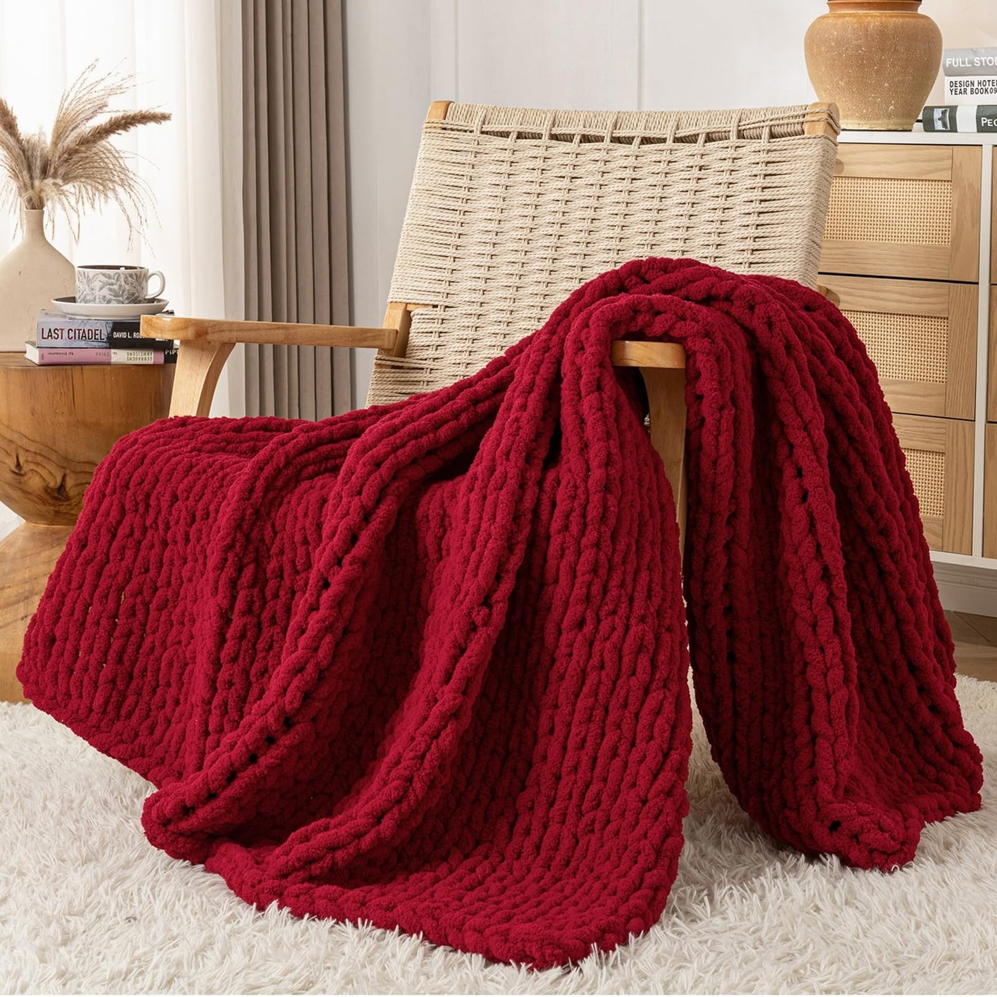 LAST MODA Chunky Knit Blanket Throw, 100% Hand Knit Throw Blanket Handmade Chenille Cable Knit Throw for Couch, Stylish Cozy Soft Rope Knot Crochet Blanket for Home Decor, Red, 50x60 Inches