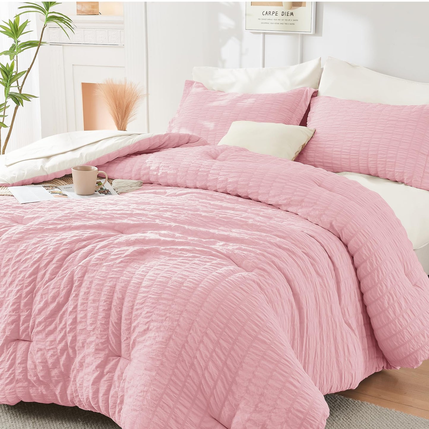 HYMOKEGE Pink/Ivory Twin Comforter Set Seersucker 5 Pieces, All Season Luxury Bed in a Bag for Bedroom, Bedding Set with Comforter, Sheets, Pillowcase & Sham