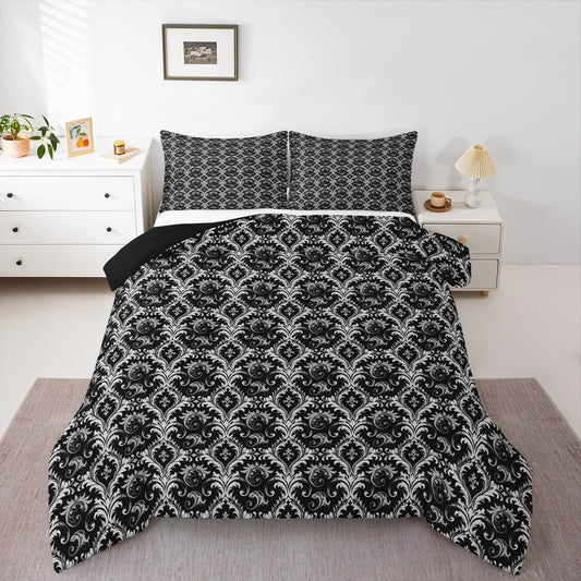 jejeloiu Gothic Damask Kids Comforter Set Queen Size Scrollwork Bedding Set Black White Duvet Quilt for Kids Boys Girls Bedroom Vintage Floral Decor Microfiber Ultra Soft Breathable