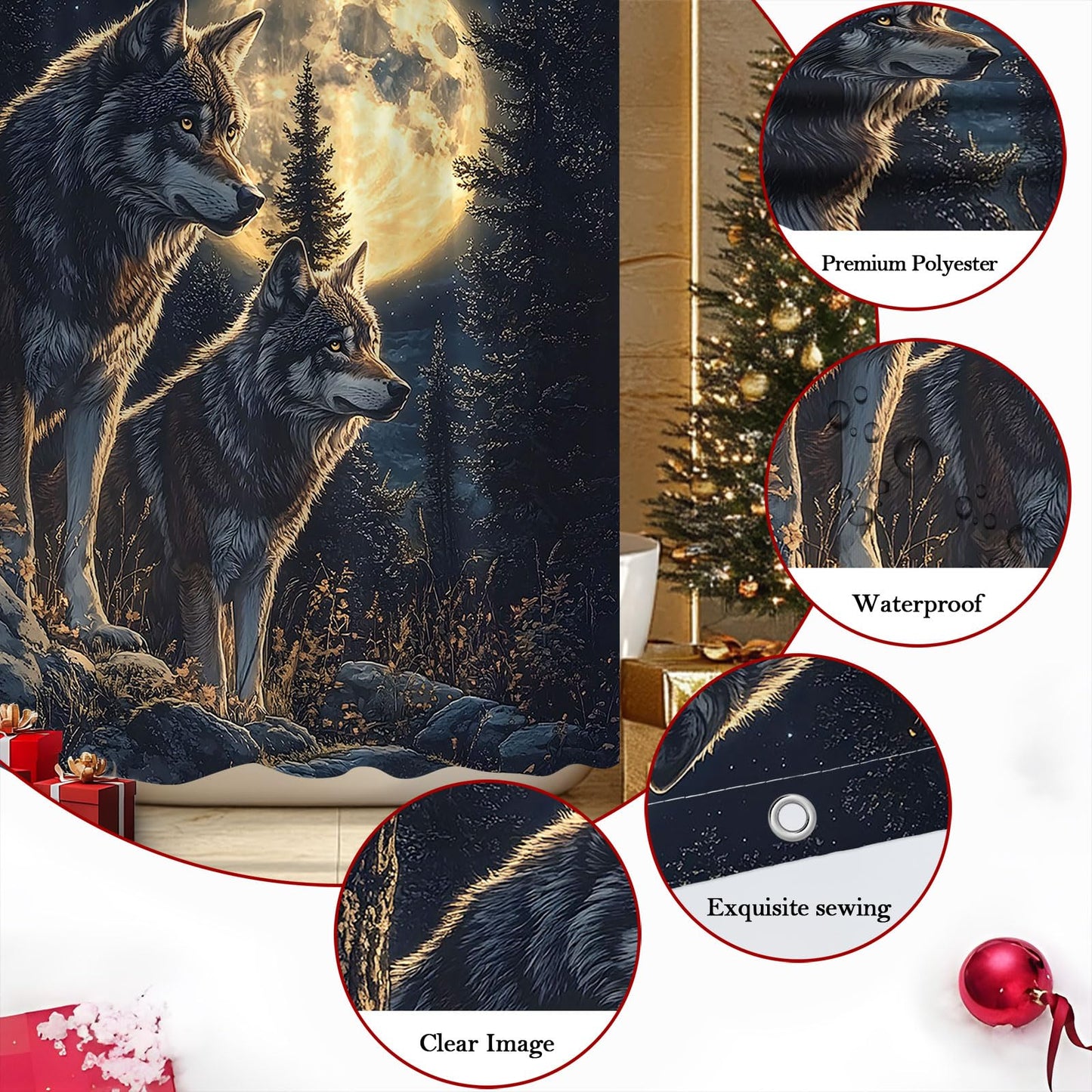Wolf Shower Curtain Wild Animal Stand Under Super Moon Black Grey Starry Pine Tree Misty Forest Safari Country Hunting Theme Bathroom Polyester Curtains Set with Hooks 70x70 Inch