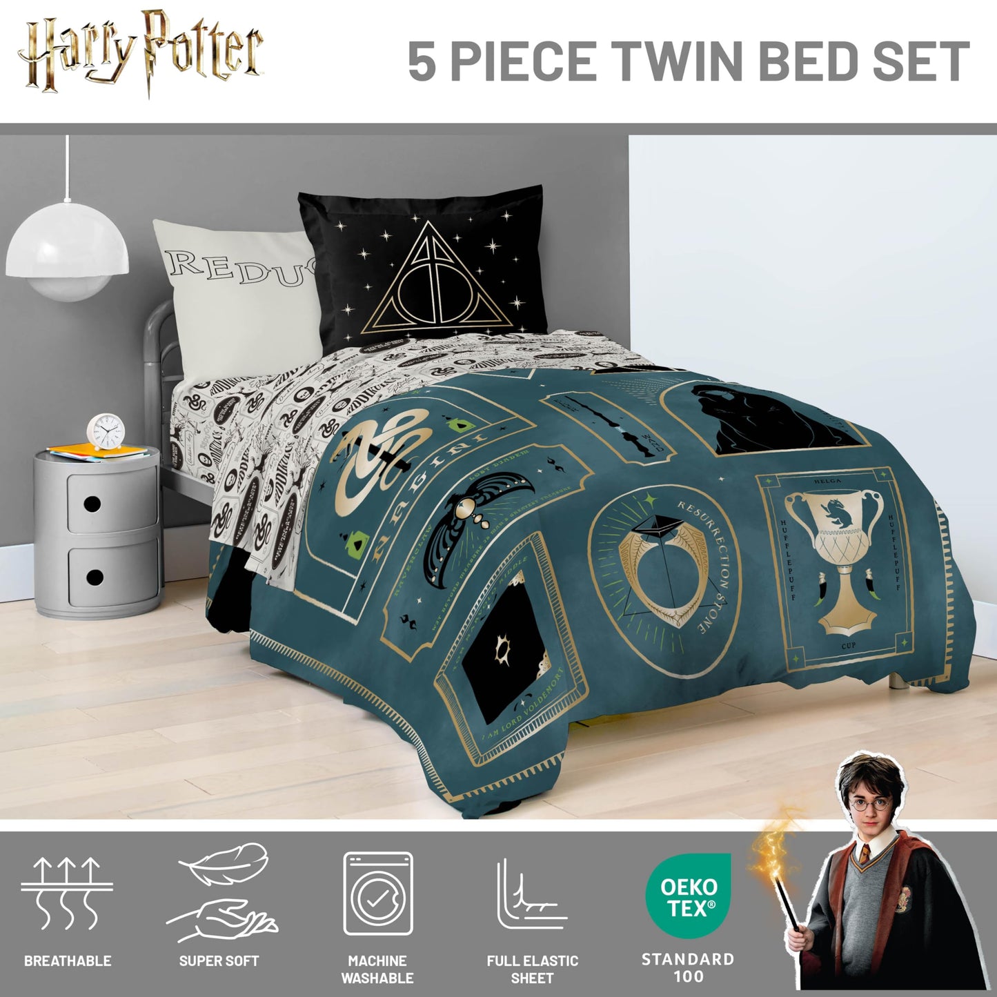 Jay Franco Kids Comforter Set Includes Sheets and Pillow Covers - Soft and Cozy Bed Set for Stylish Room Decor, Blue - Harry Potter, 5 Piece Twin Size Bedding