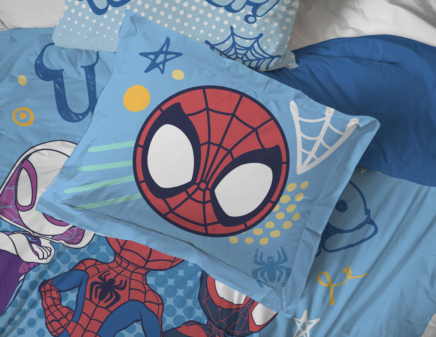 Jay Franco Kids Comforter Set Includes Sheets and Pillow Covers - Soft and Cozy Bed Set for Stylish Room Decor, Light Blue - Spidey & His Amazing Friends, 7 Piece Full Bedding
