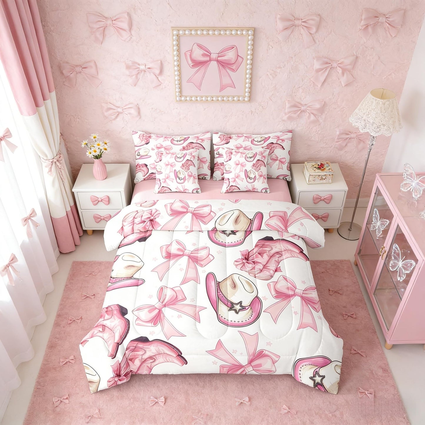 Erosebridal Bow Pink Western Cowgirls Full Comforter Set 7 Pieces | Starry Kawaii Bowknot Bed in A Bag for Bedroom Cute Hat Boots Bedding Set with Comforters Cute Hat Boots Room Decor