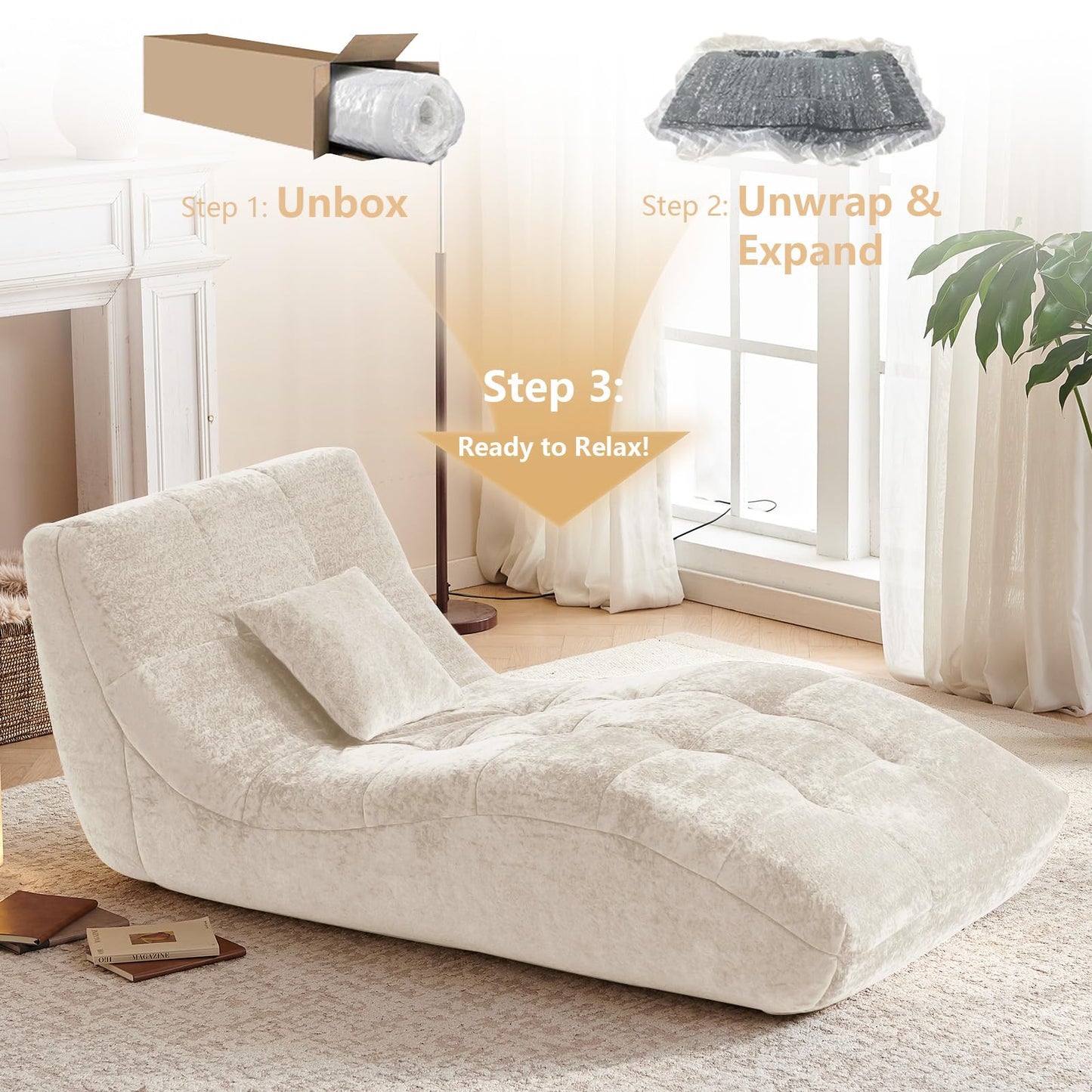 Huadeo Chaise Lounge Chair with Curved Back, Modern Upholstered Recliner Sofa, Tufted Accent Lounger Comfortable Lazy Chair for Bedroom, Apartment (Beige)
