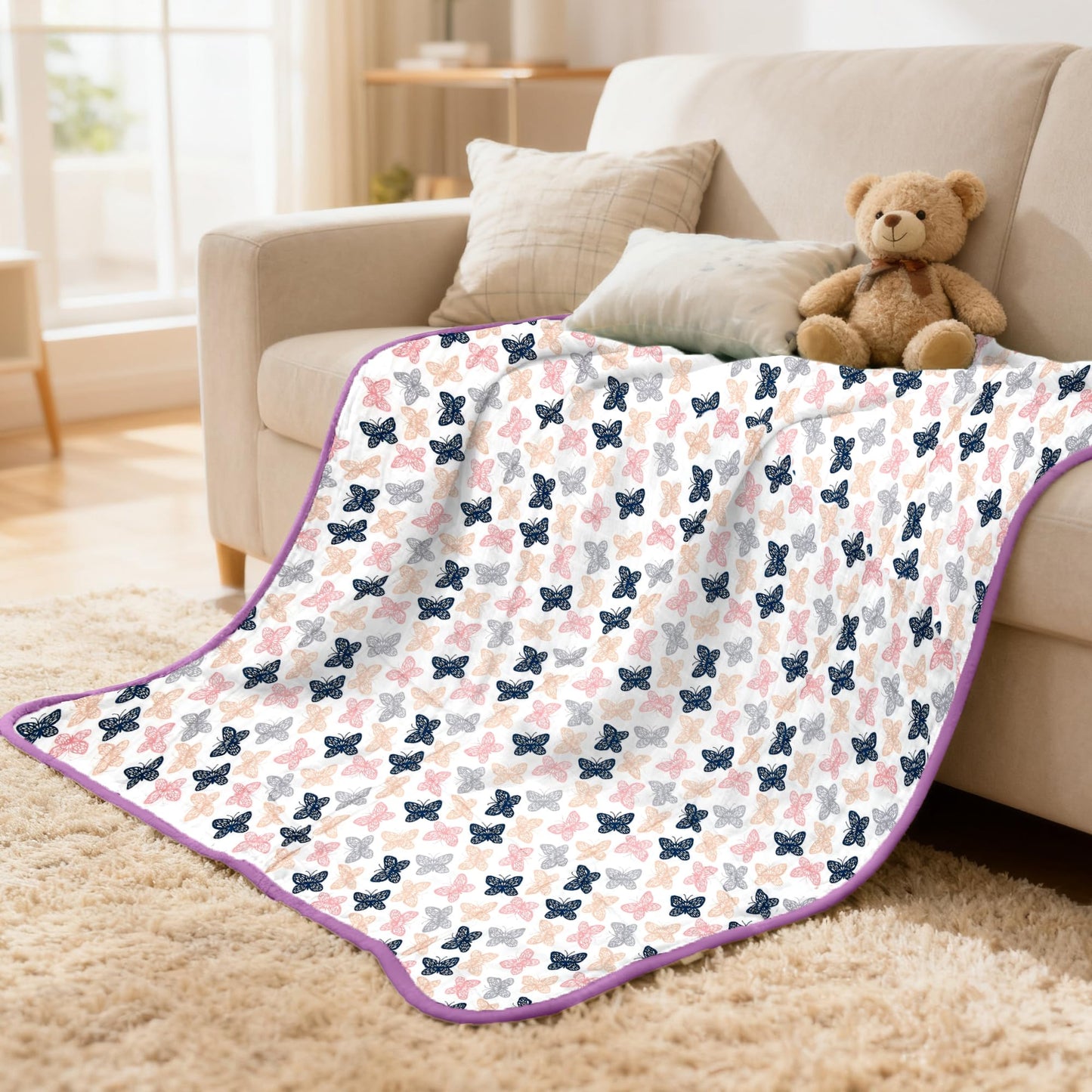 ZPECC Muslin Toddler Blanket Thicker, 47x47 Organic Cotton Kids Quilt Hypoallergenic for Baby Essentials Crib Stroller Daycare Cot, Butterfly