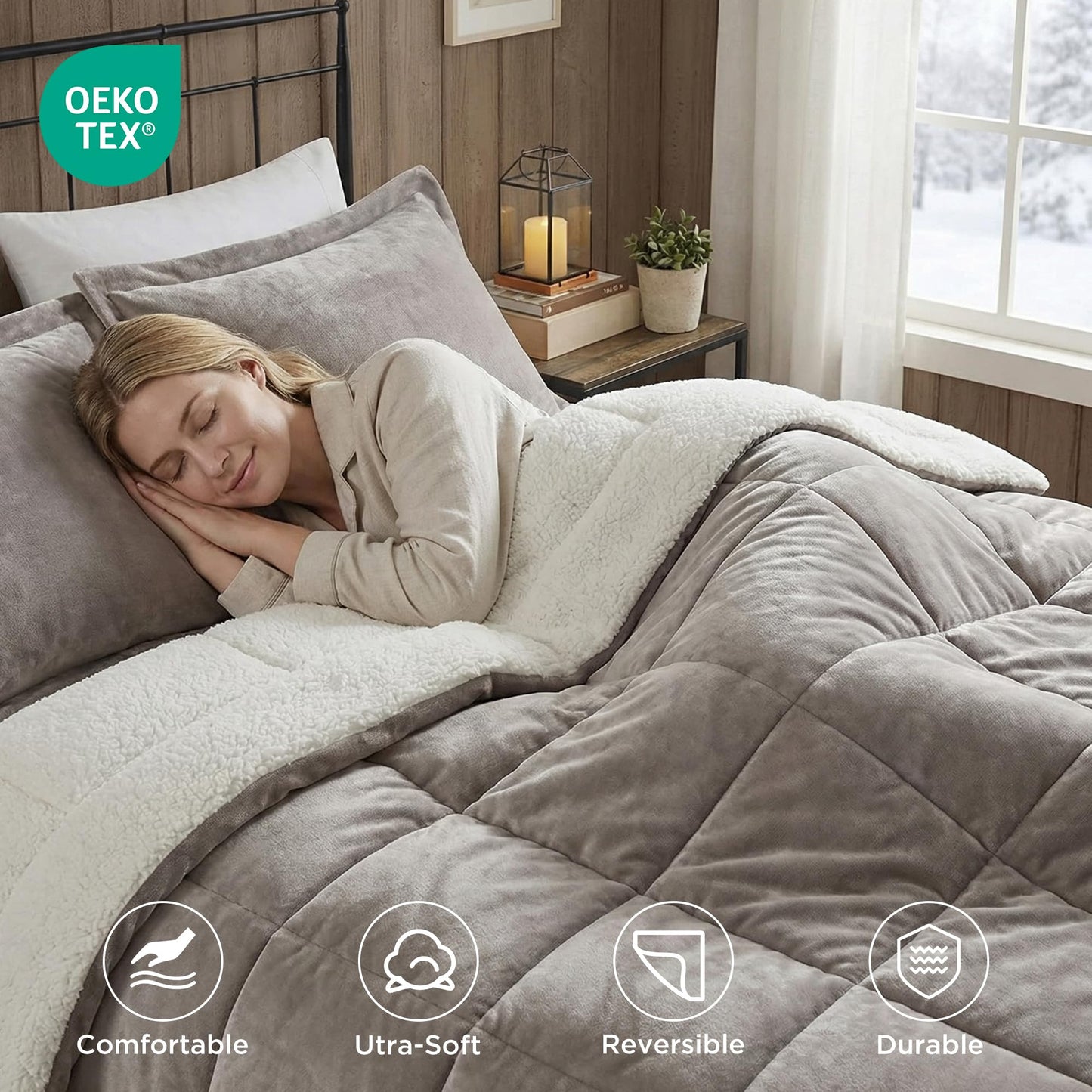 Woolrich Reversible Comforter Set Ultra Soft Plush to Sherpa, Down Alternative, Cold Weather Winter Warm Bedding, with Matching Sham, Decorative Pillow Grey/Ivory Full/Queen 4 Piece