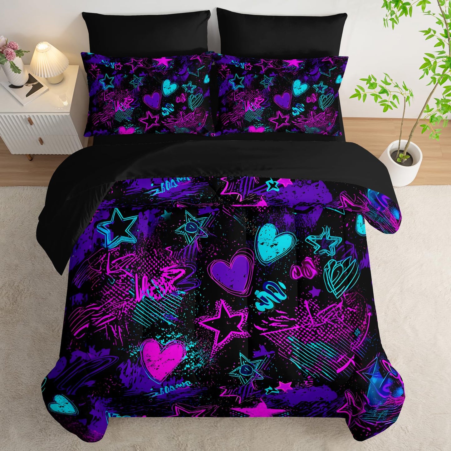 Nttopship Purple Stars Comforter Set Full Size 7PCS,Galaxy Starry Printed Bedding Set,Purple Stars Room Decor Ultra-Soft Lightweight All Seasons with Pillowcases,Flat, Fitted Sheet