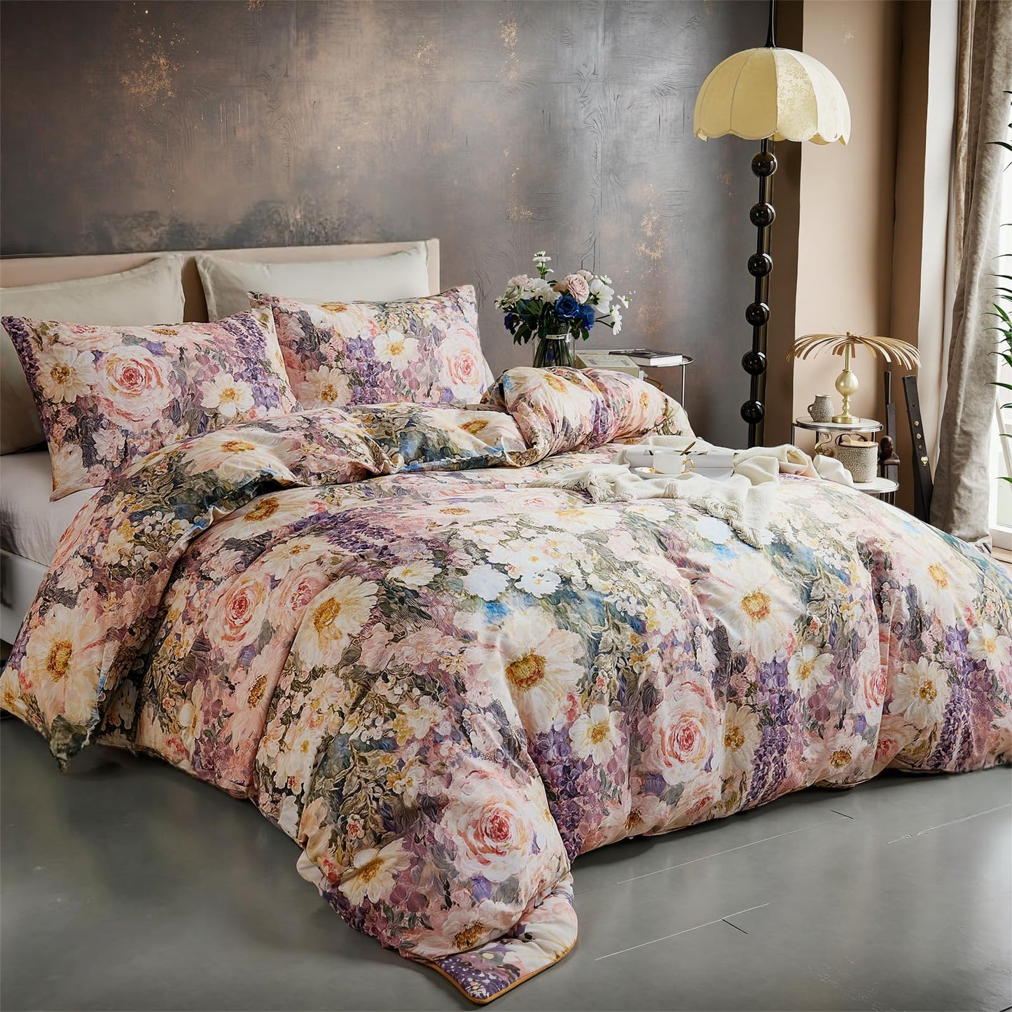 Cozaline 100% Cotton Duvet Cover King Size – Romantic Garden Impressionist Floral Duvet Cover Set with Zipper Closure, 3-Piece Luxury & Soft Bedding Set for All Seasons