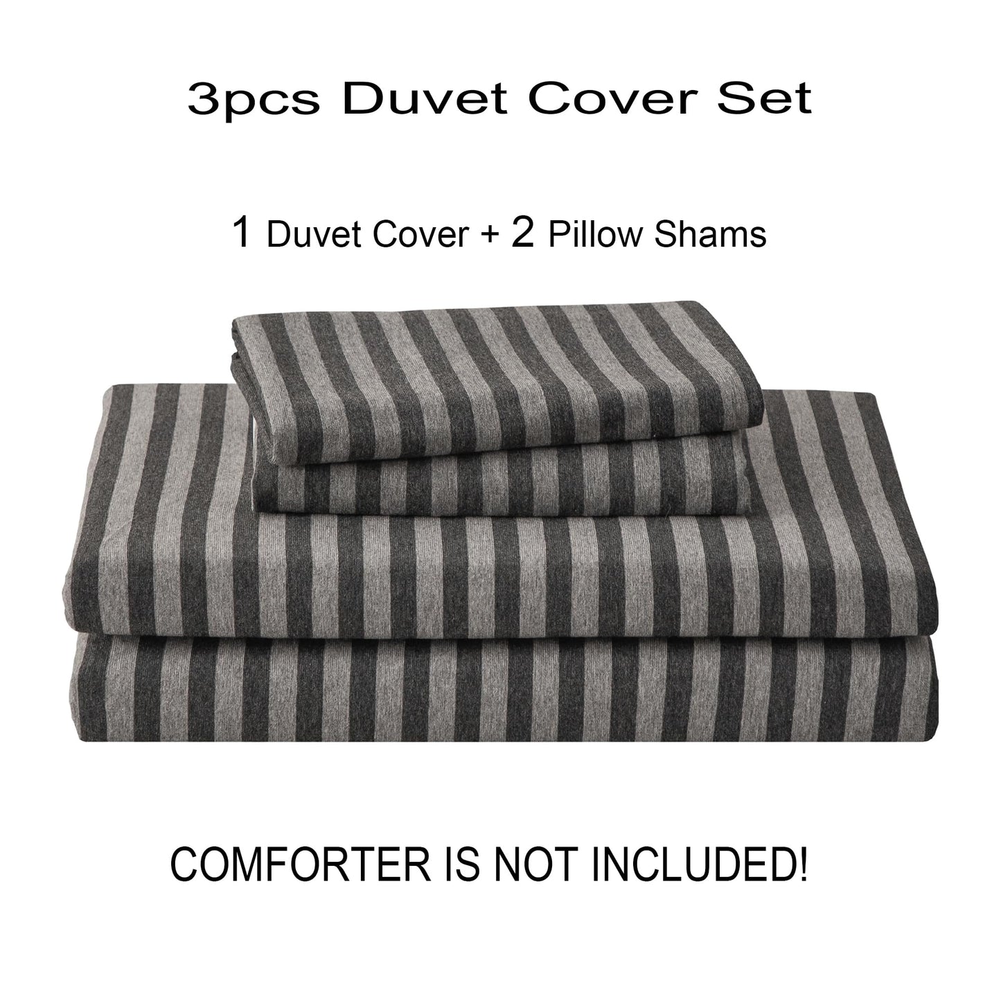PURE ERA Jersey Knit Duvet Cover Set 100% T-Shirt Heather Cotton Super Soft Comfy Classic Striped Design, with Zipper Closure, Charcoal Dark Grey Stripe, King