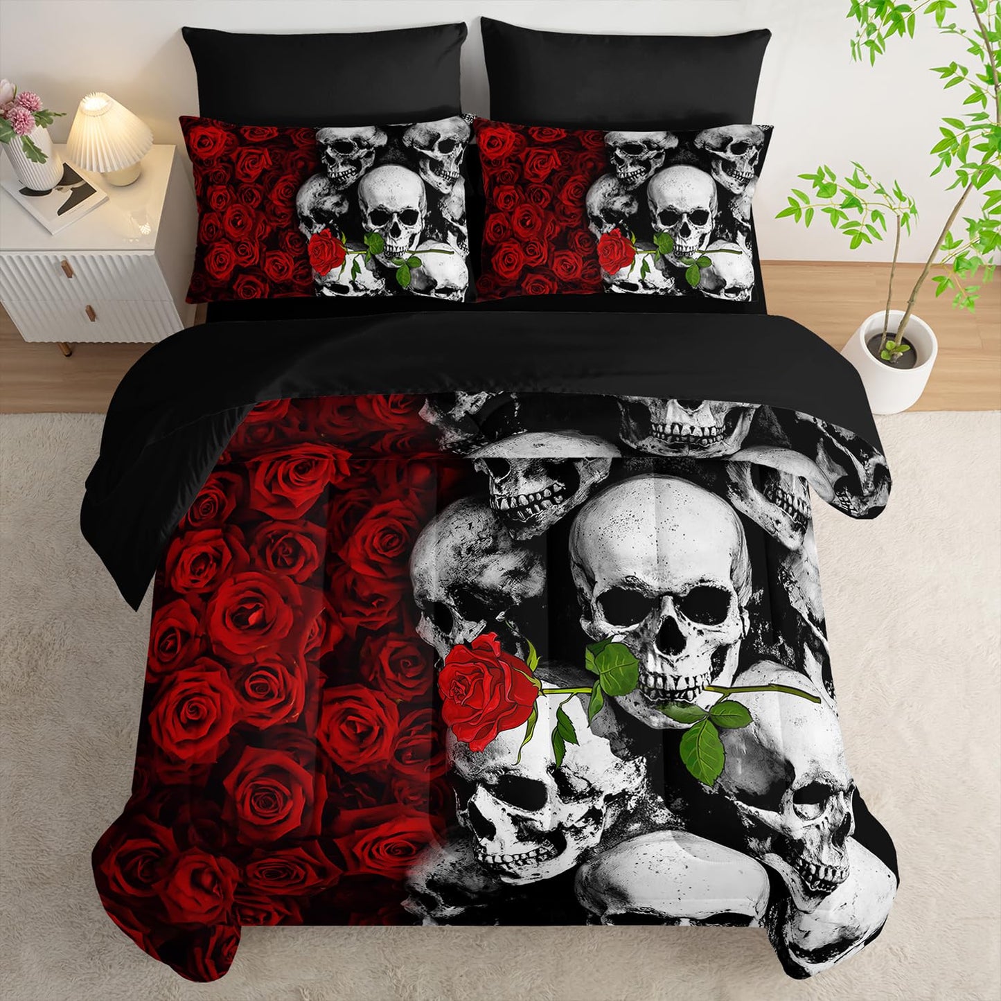 Tuzaovy Black Skull Comforter Set 7 Piece Queen Size Bed in A Bag,Goth Bedding for Room Decor,Soft Western Comforter Boho Hippie Bedding with Fitted Sheet,Flat Sheet, Pillowcases & Shams