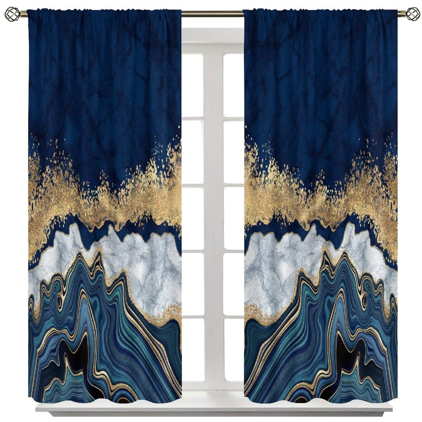 Djaby Blue Marble Curtains, Modern Luxury Gold Texture Window Curtains Drapes for Bedroom Living Room Home 42" W X 45" L(No Blackout)