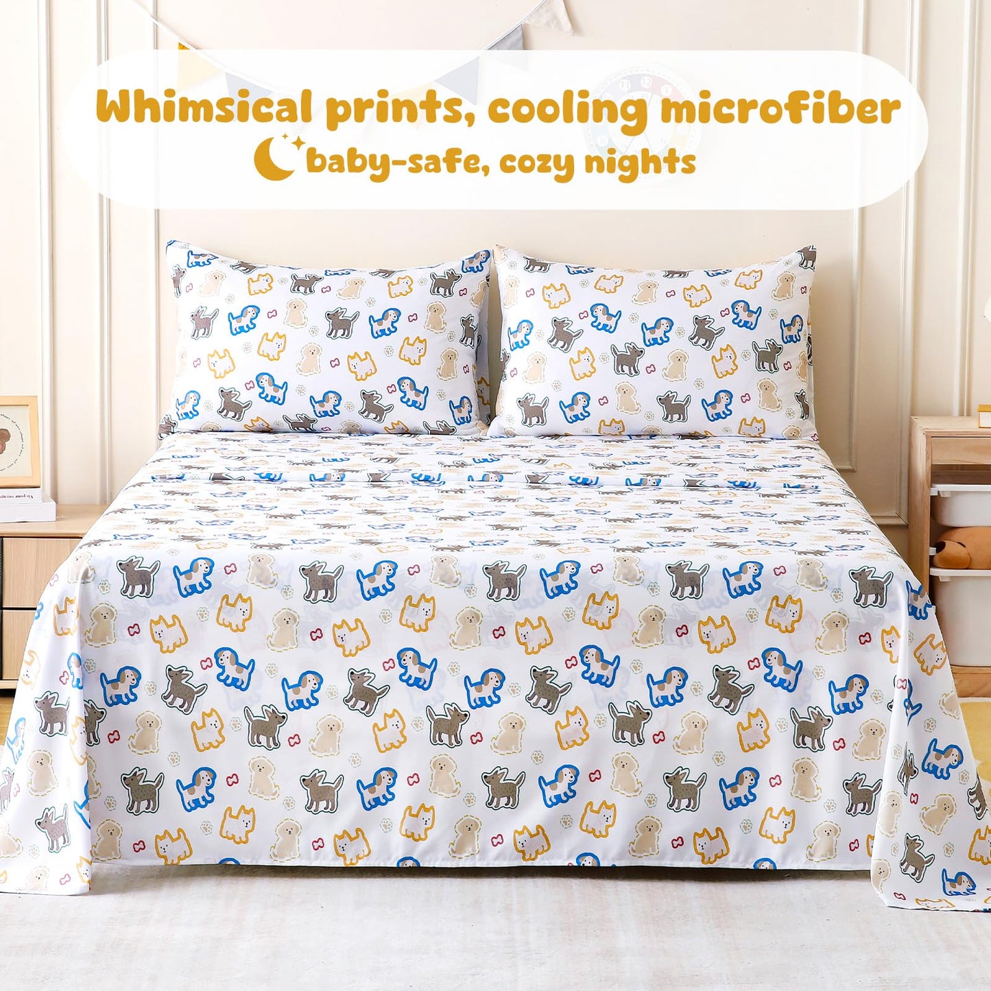 LONAVA Twin Sheet Set Kids - 3 Pieces Soft Microfiber Cartoon Style Bedsheets for Boys Girls Teens, Oeko TEX, Breathable Deep Pocket Sheets (Colorful Puppy)