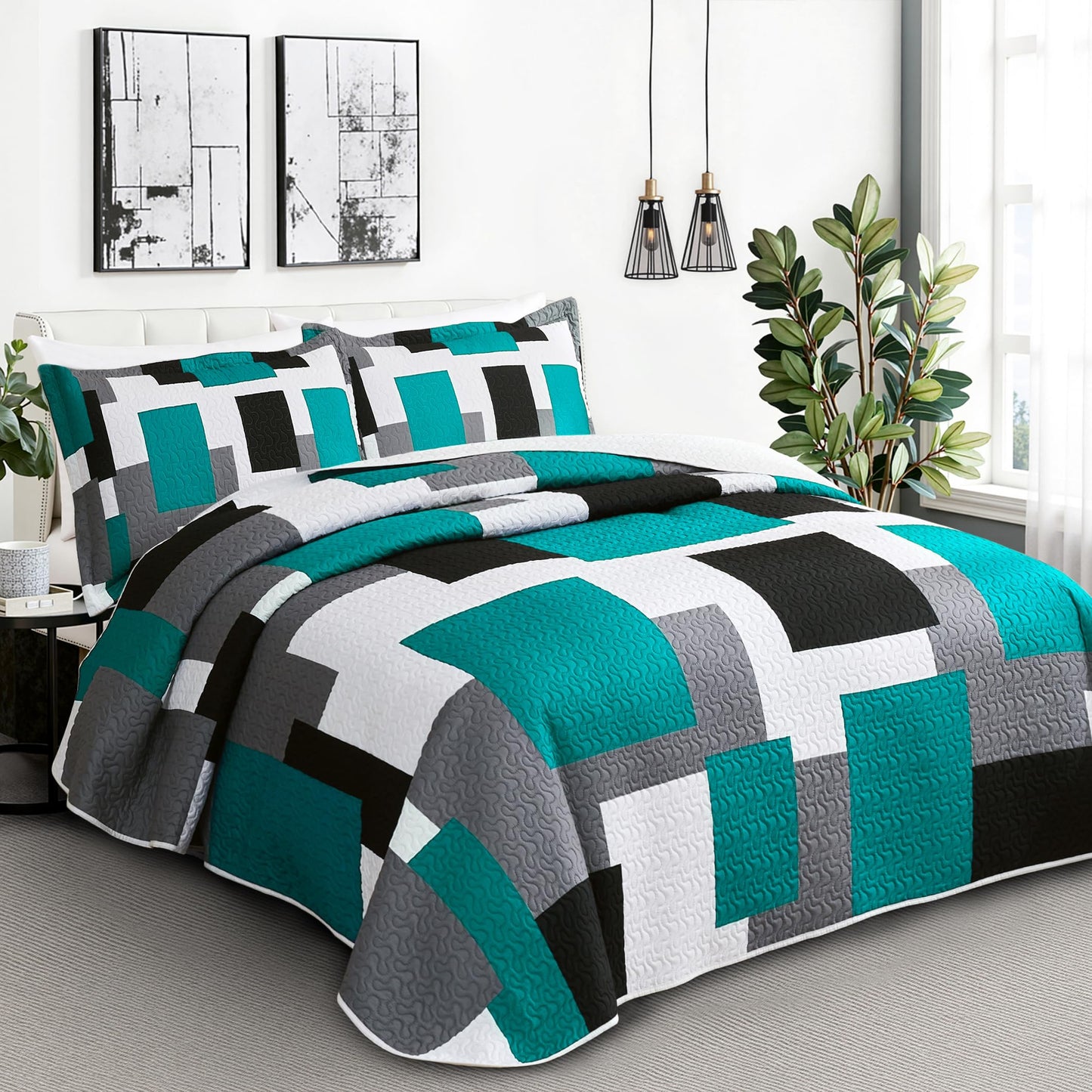 Tyrot 3 Piece Teal/Turquoise Grey Quilt Set King Size Black White Geometric Reversible Bedding Set Microfiber Lightweight Bedspread Coverlet with 2 Shams Modern Bed Covers for All Season, 106''x96''