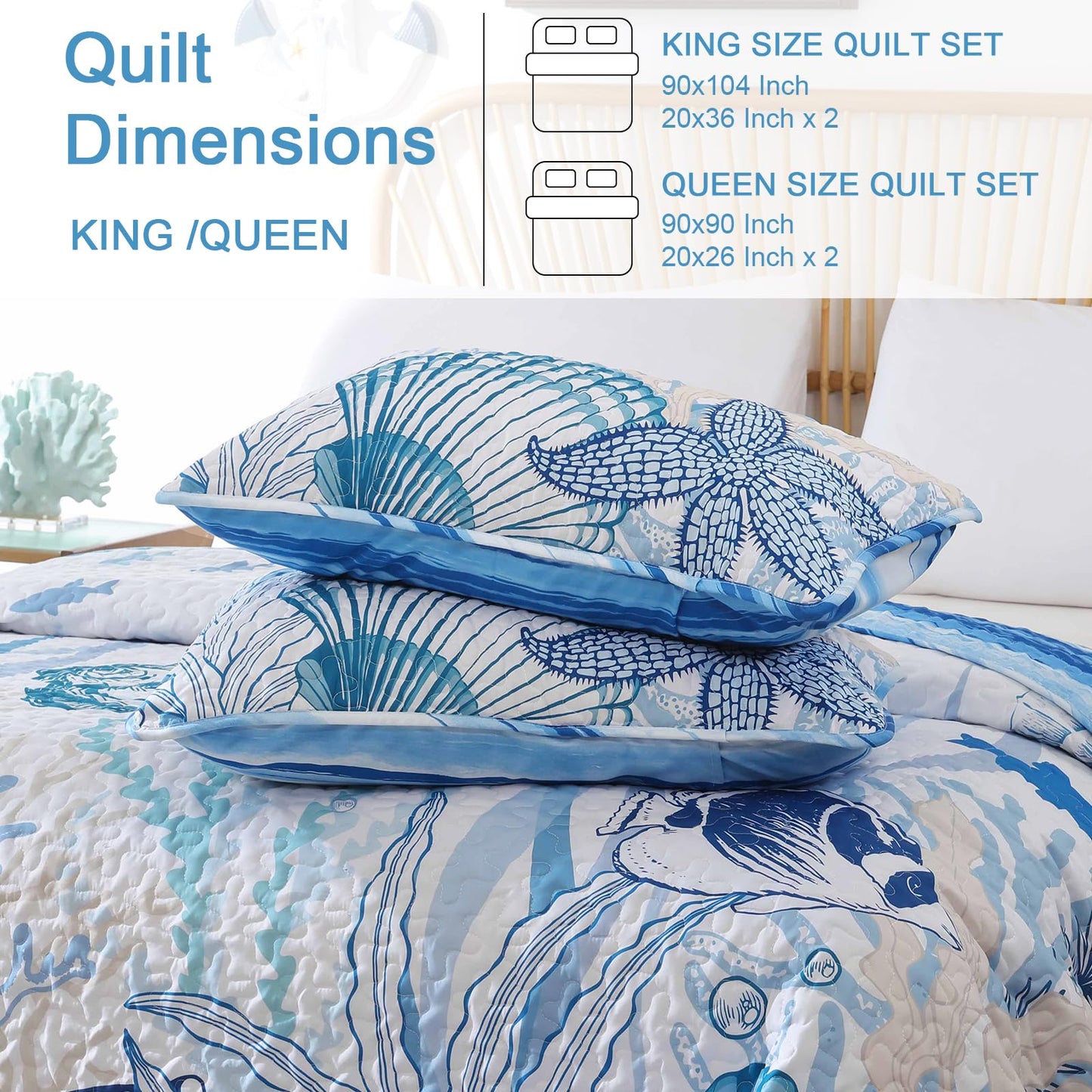 DJY Coastal King Size Quilt Set 3 Piece, Reversible Microfiber Ocean Quilt with 2 Shams Nautical Bedding Set Beach Bedspread Coverlet Summer Lightweight Comforter Set for All Season, 110"x90"