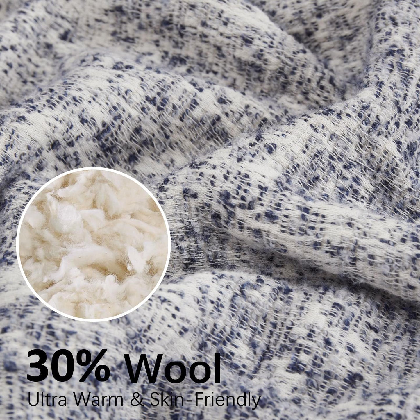 SE SOFTEXLY Throw Blanket, Reversible Sherpa Blanket with 30% Wool and 70% Cotton, Fuzzy Plush Fluffy Soft Blanket, Fall Winter Blanket for Couch Bed Sofa Chair (Blue, 50" x 60")