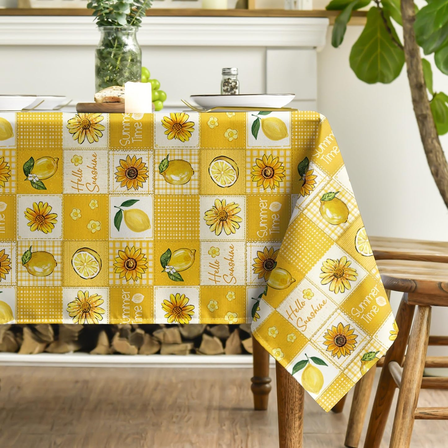 Horaldaily Summer Tablecloth 60×84 Inch Rectangular, Patchwork Bufflo Grid Yellow Lemon SunflowerWashable Table Cover for Party Picnic Dinner Decor