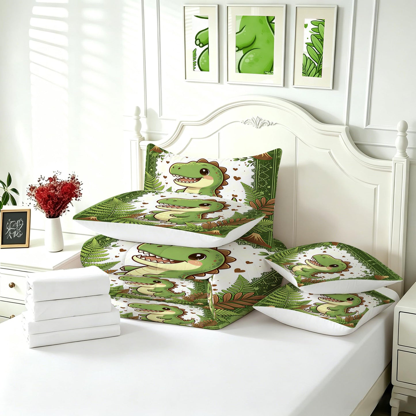 FUYEUN 7 Pcs Kids Bedding Comforter Set Queen Size, Cartoon Dinosaur & Volcano Print, Ultra Soft Microfiber Bed in a Bag with Flat Sheet & Pillowcases,Children Bedroom Decor