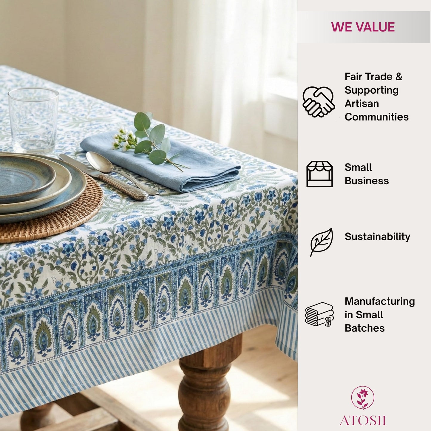 ATOSII Nargis Blue 100% Cotton Rectangle Summer Tablecloth, Indian Block Print Floral Table Cloth I Dining Parties Weddings Outdoors Holidays 60 X 90 Inches 6 Seater I Grandmillennial Farmhouse Boho
