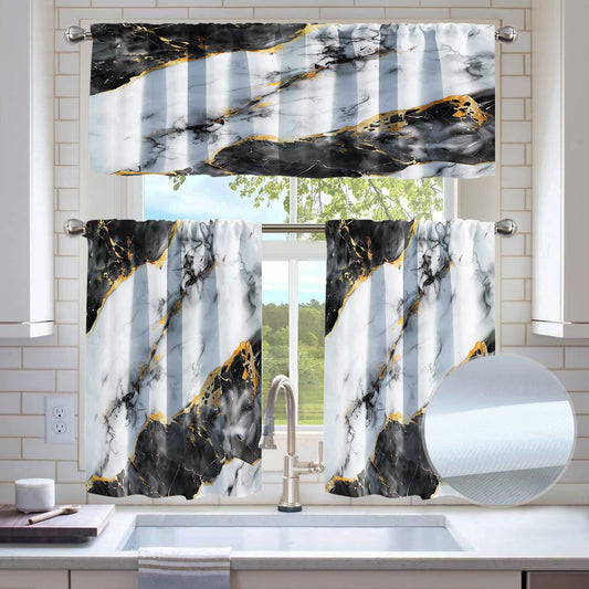 KINUUIS Black White Marble Blackout Kitchen Window Tier Curtains and Valance Set, 52 x 36 Inch Abstract Art Window Curtains Set with Rod Pocket for Small Windows, Living Room or Bathroom