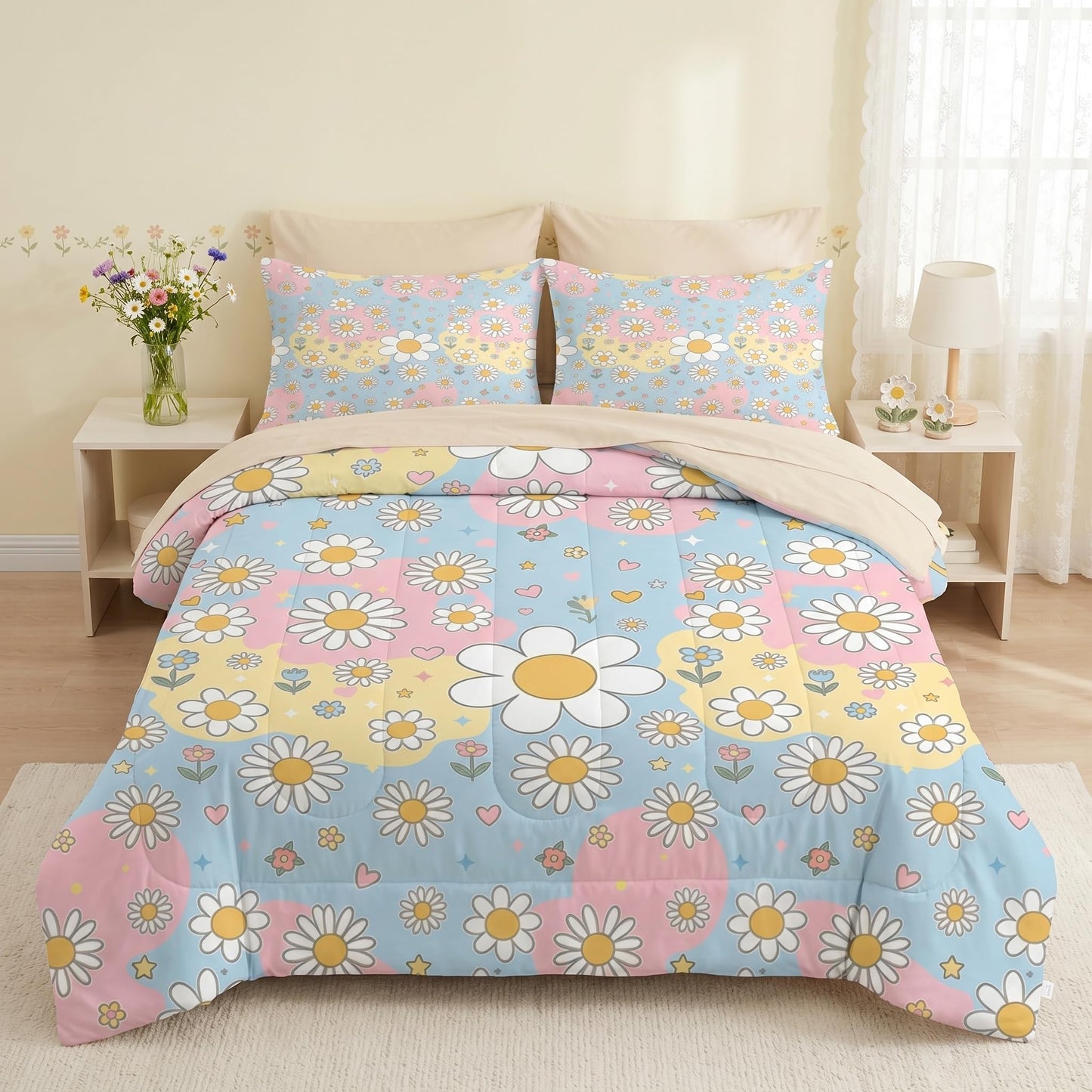 WeCozy 5 Pcs Twin Size Comforter Set with Pillowcase & Sham, Daisy Floral Bedding Set for Kids and Adults, Retro Hippie Whimsical Bed in a Bag with Flat Sheet and Fitted Sheet