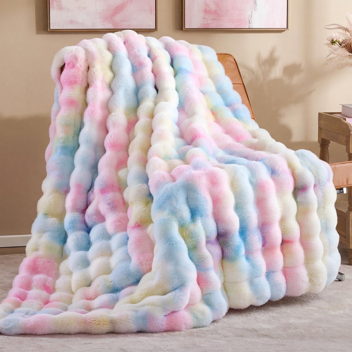 Smoofy Faux Fur Throw Blanket for Couch - Rainbow Super Soft Cozy Bubble Blanket, Fluffy Plush Fuzzy Throw for Sofa & Bed, Thick Lightweight Warm Blanket, Luxury Aesthetic Gift for Women 50"x60"