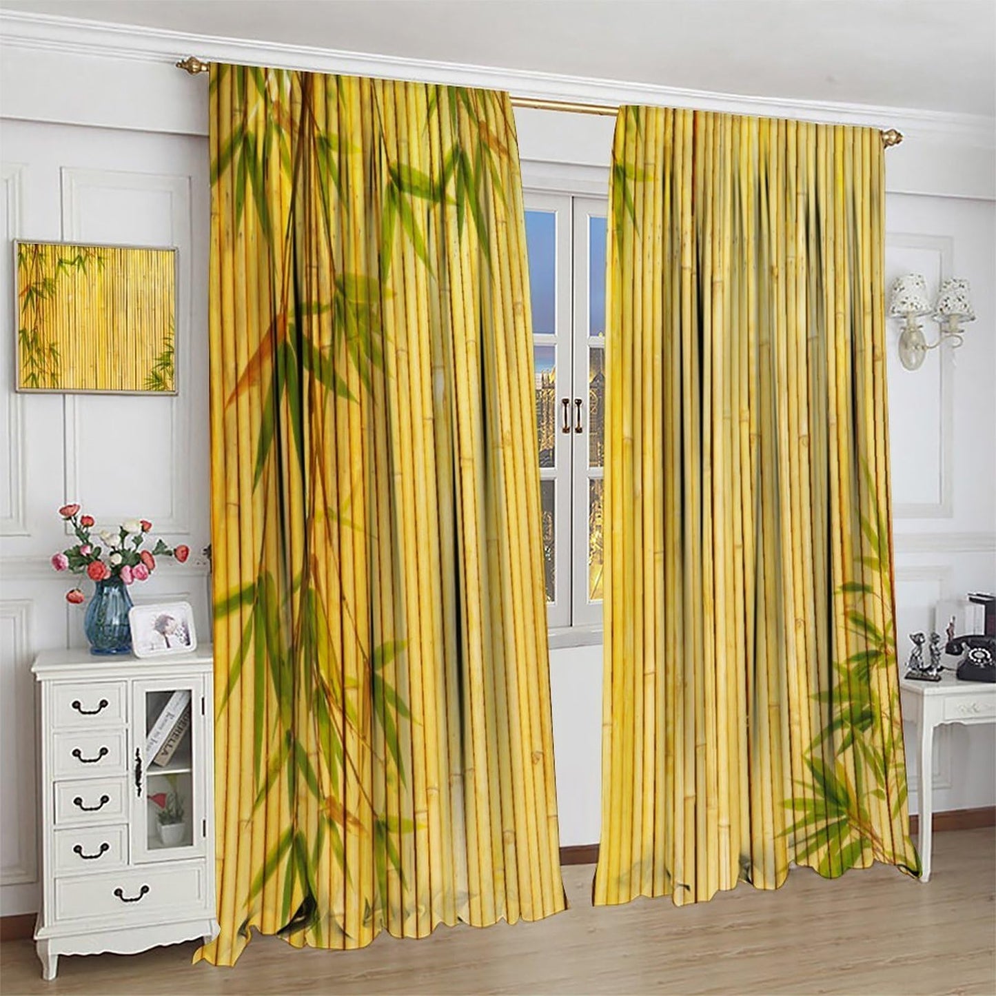 TYVGICZ Bamboo Printed Curtains, Yellow Bamboo Tree Traditional Chinese Japanese Style Asian Calligraphy Style Culture Theme Window Treatments for Living Room Bedroom Drapes42x45 Inch