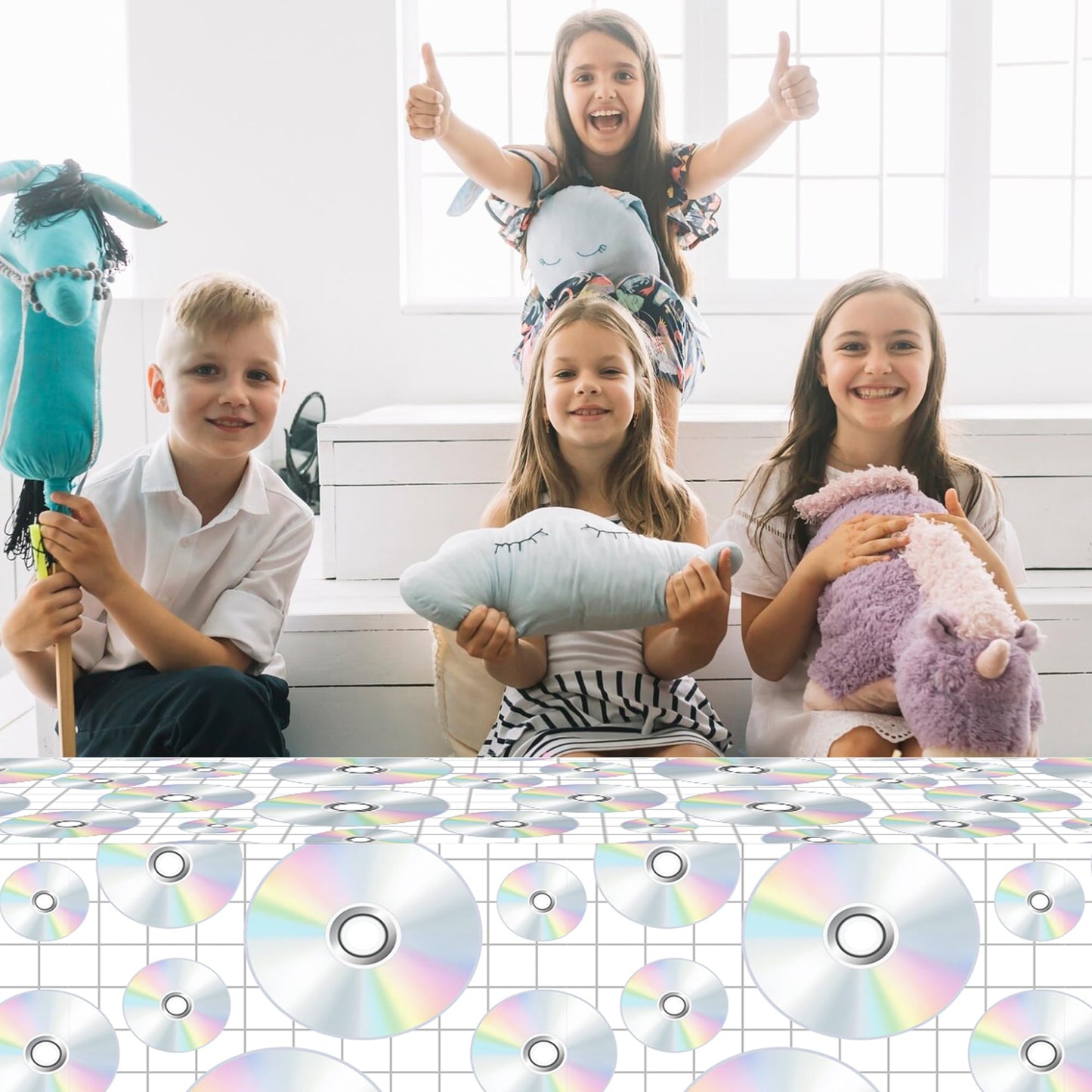 CC HOME 1Pc CD Disc Party Plastic Tablecloth 54 x 87 Inch Long Table Cover, CD Disc Music Party Tablecover for Music Festival Theme Kids Baby Shower Birthday Dinner Picnic Kitchen Event