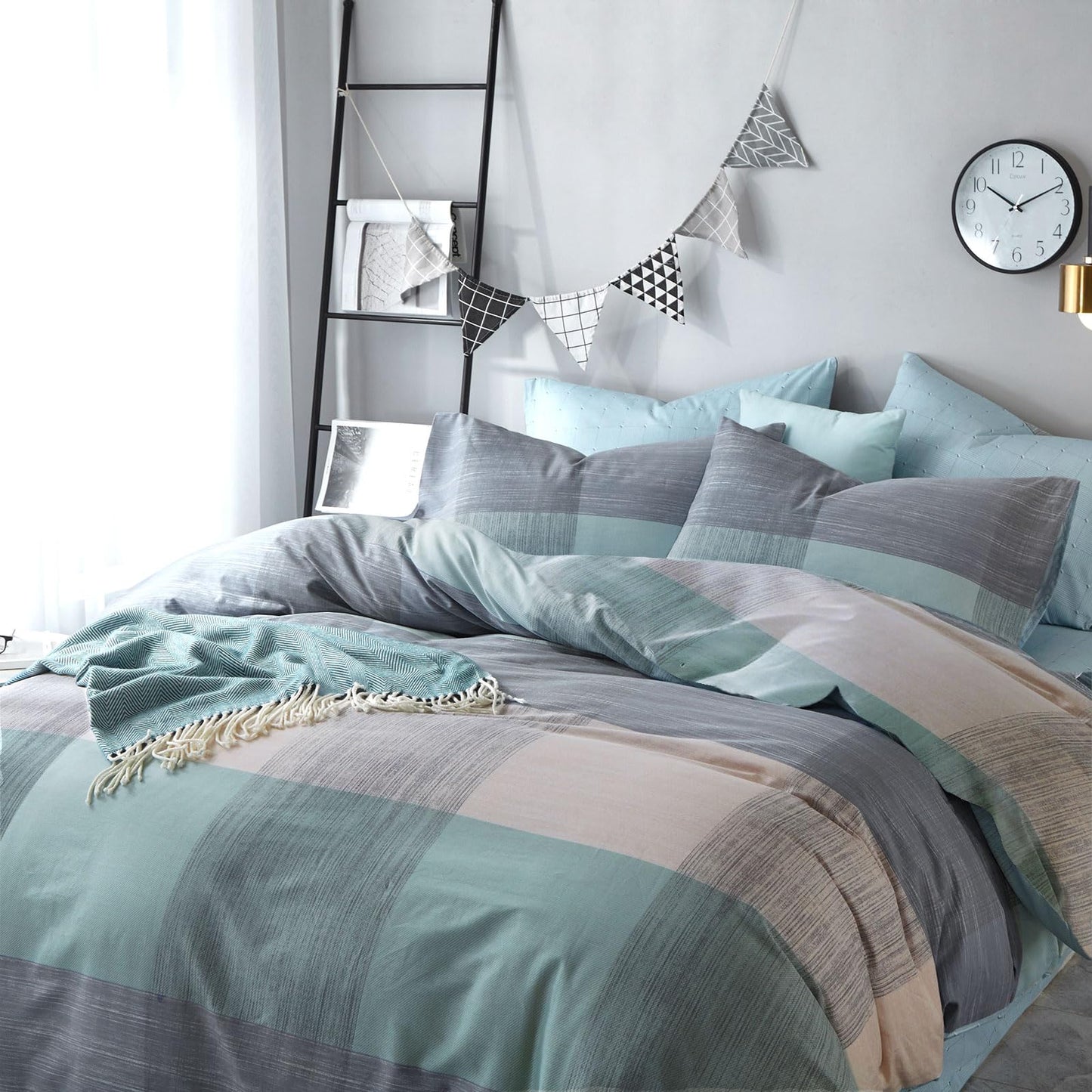 VM VOUGEMARKET Blue Patchwork Duvet Cover Set Queen Multi-Dimensional Design Modern Bedding Set Plaid Mint Green with Stripes Soft Cotton Comforter Cover with Zipper Closure-No Filling