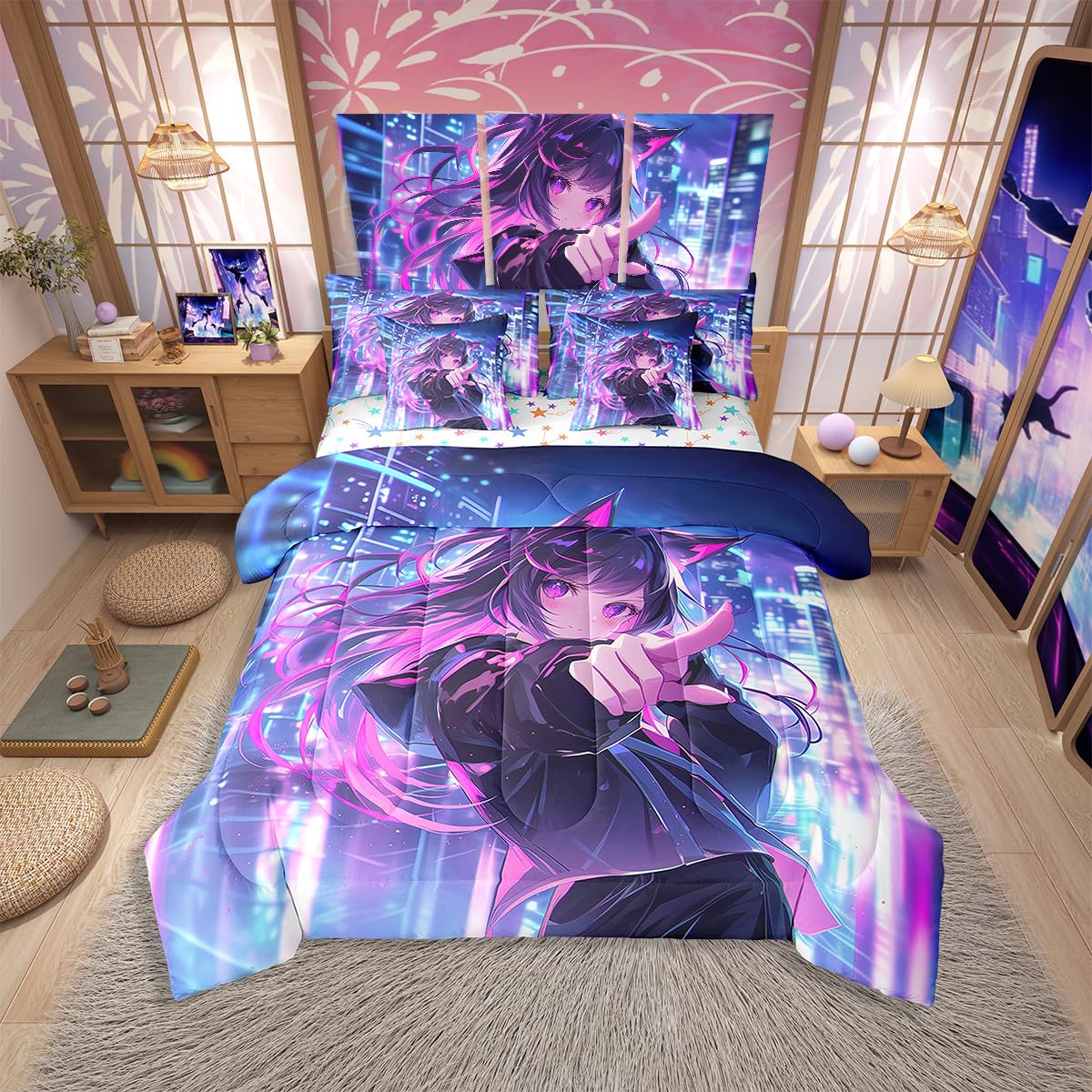 Erosebridal Kids Anime Girl 7 Piece Comforter Set Twin Bed in A Bag, Japanese Anime Bedding Sets, Cartoon Girl Sheet Set with Comforter for Boys Teens Adult, Kawaii Japanese Animation Bed Sets