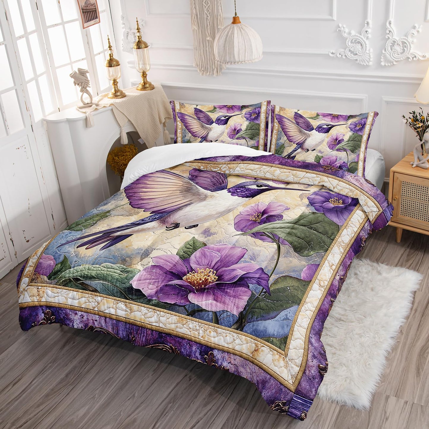 AILONEN Purple Flower Hummingbird Comforter Set Queen Size,Boho Exotic Hummingbird Bedding Set for Girls Women,Beautiful Bird Print Comforter with 2 Pillowcases,3 Pieces