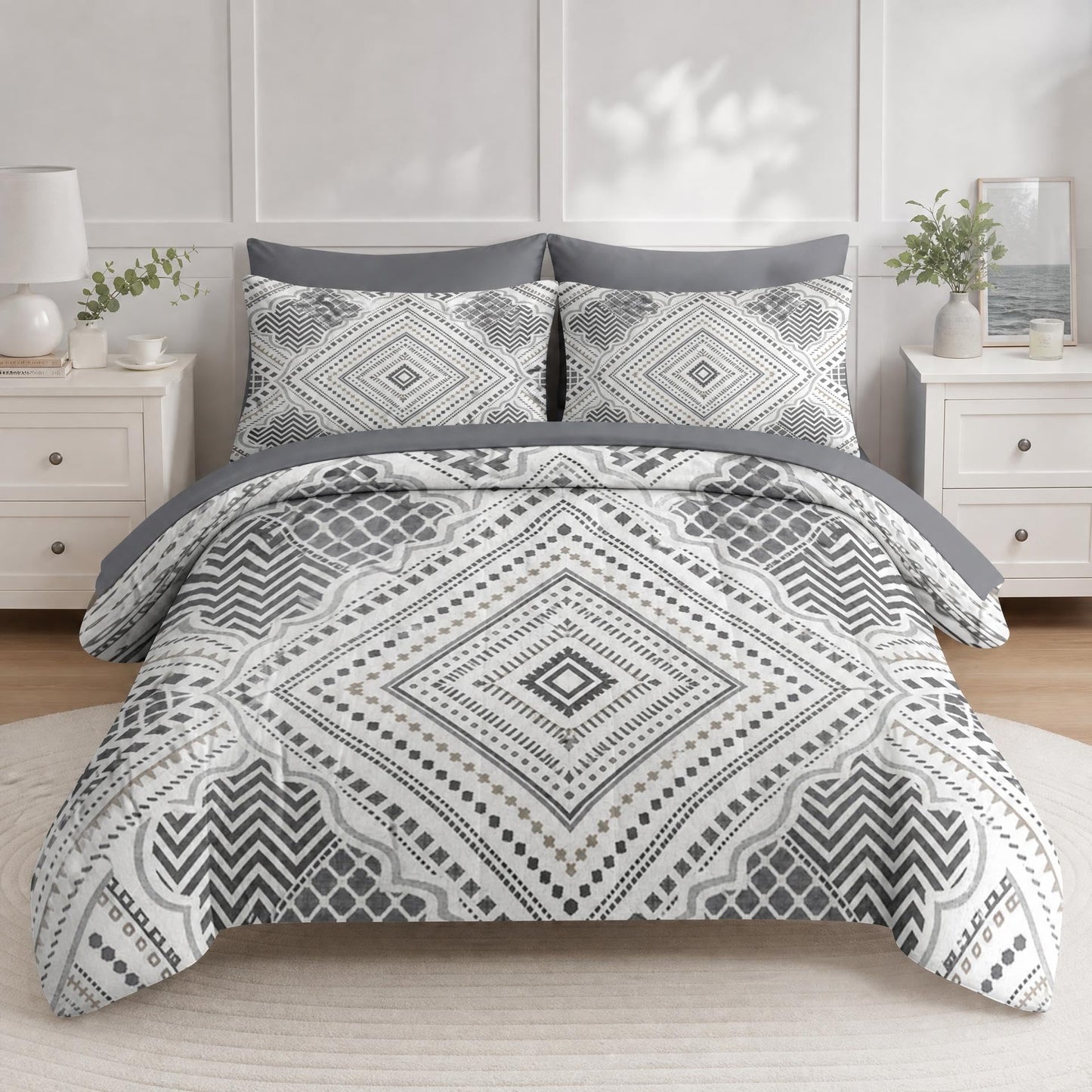 Boewywh Comforter Set Twin Size Boho Geometric Aztec 7 Pcs, Bedding for Kids and Adults, Farmhouse Grey Bed Sheet Sets with Fitted Sheet 2 Pillowcases & 2 Shams for Bedroom Bed Decor