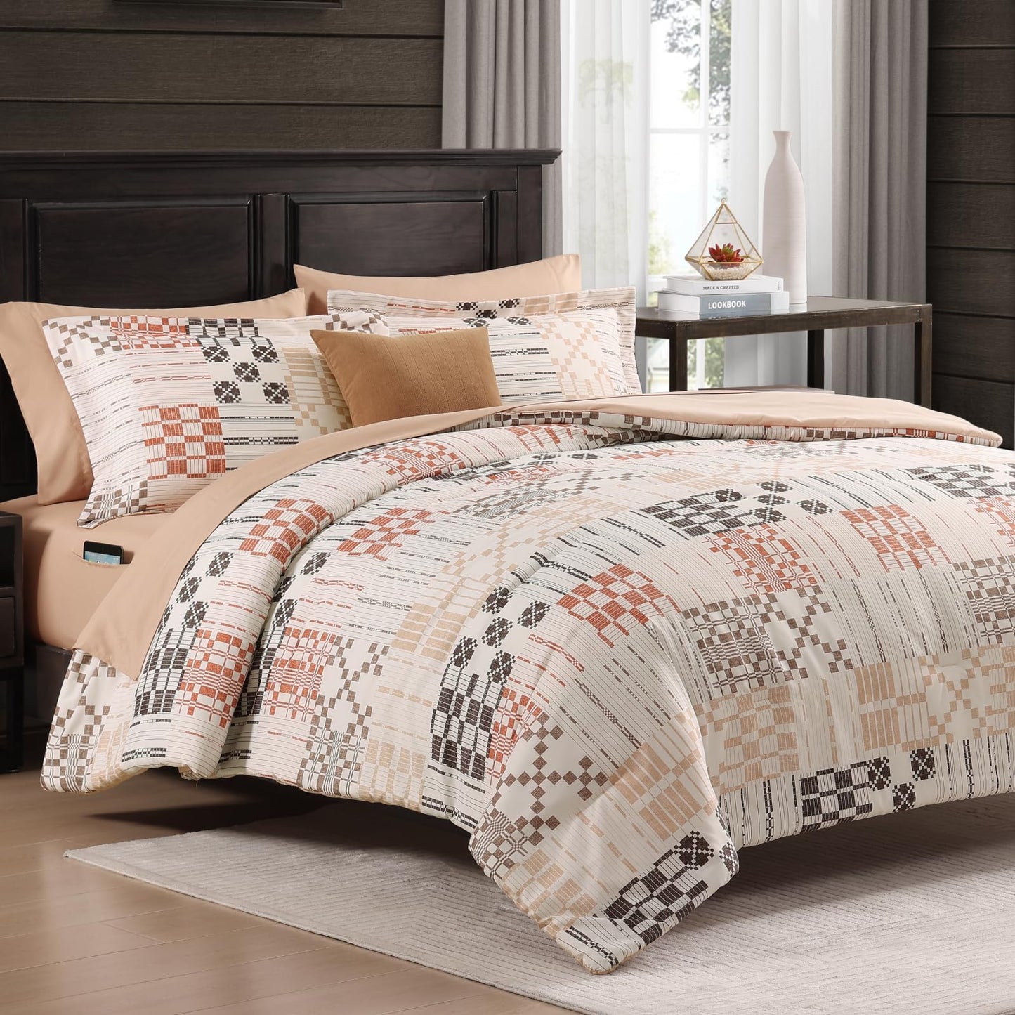 MaiRêve Queen Comforter Set, Classic Plaid Farmhouse Bedding Sets 7 Pieces, Beige All Season Bed in A Bag with Sheets, Pillowcases & Shams
