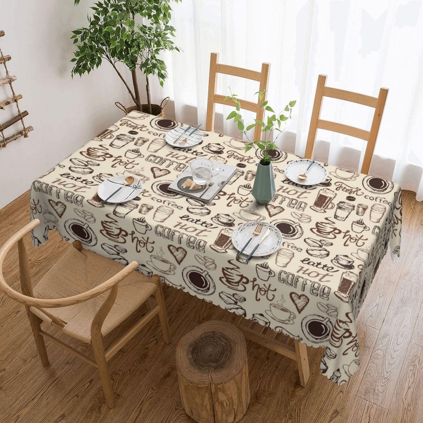 VIMPEYDON Coffee Print Tablecloth Rectangle Table Cloths for Dining Tables, Love Coffee Cup Beans Tablecloths Reusable Tabletop Decoration Table Covers for Kitchen,Holiday,Picnic,Party, 54x72 Inch