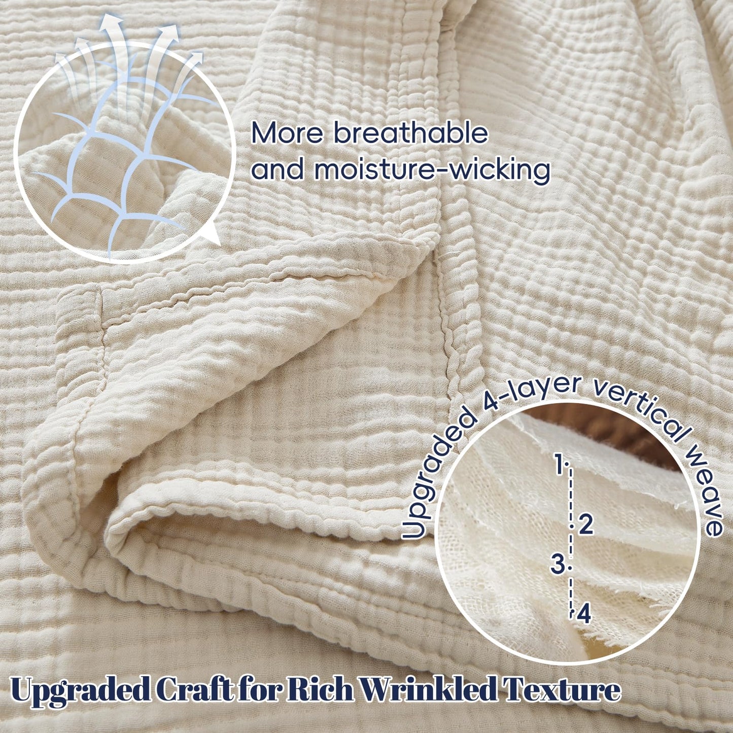 PHF 100% Cotton Muslin Throw Blanket 50" x 60", 4-Layer Lightweight and Breathable Blanket, Luxuriously Soft Gauze Throws for Couch Bed Sofa, Ideal Gift Choice, Oat Milk