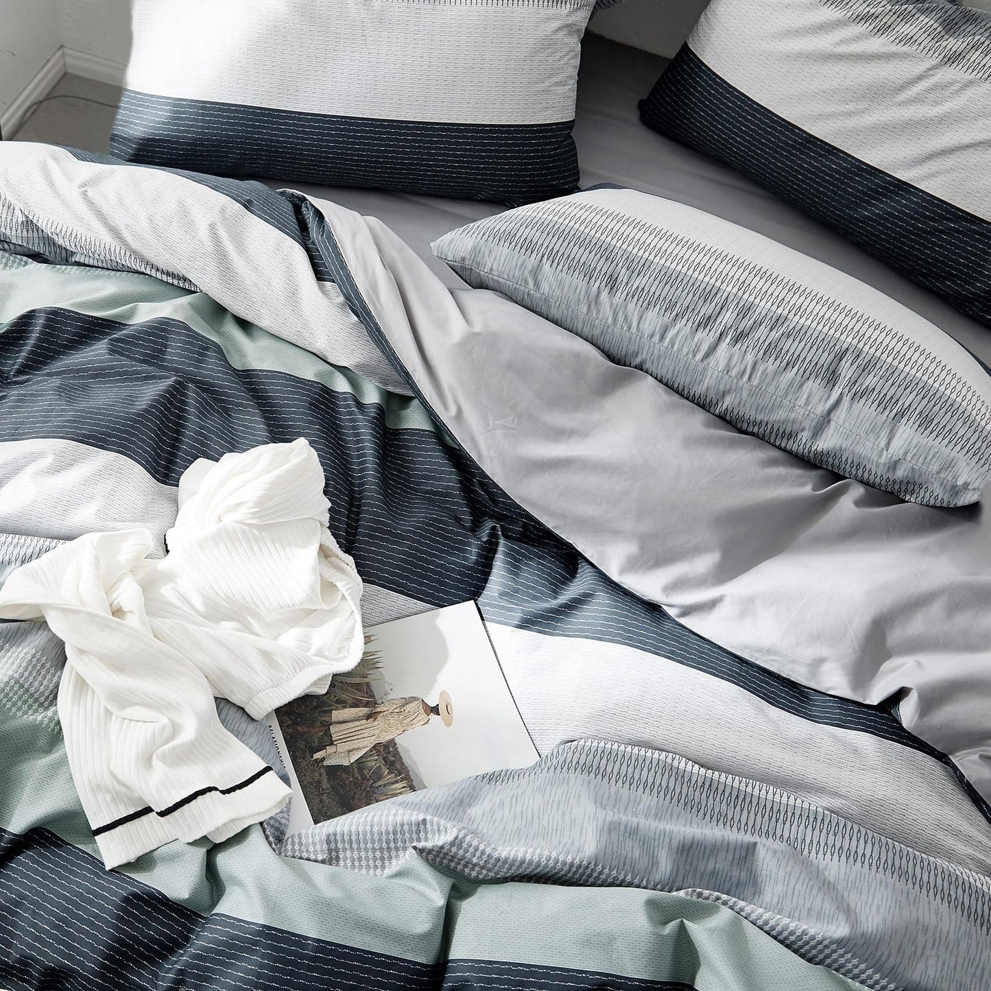VM VOUGEMARKET Bedding Striped Duvet Cover Queen,3 Pieces Blue Gray Duvet Cover Sets, Cotton,Modern Simple Comforter Cover for Teens Men-Full/Queen,Martin