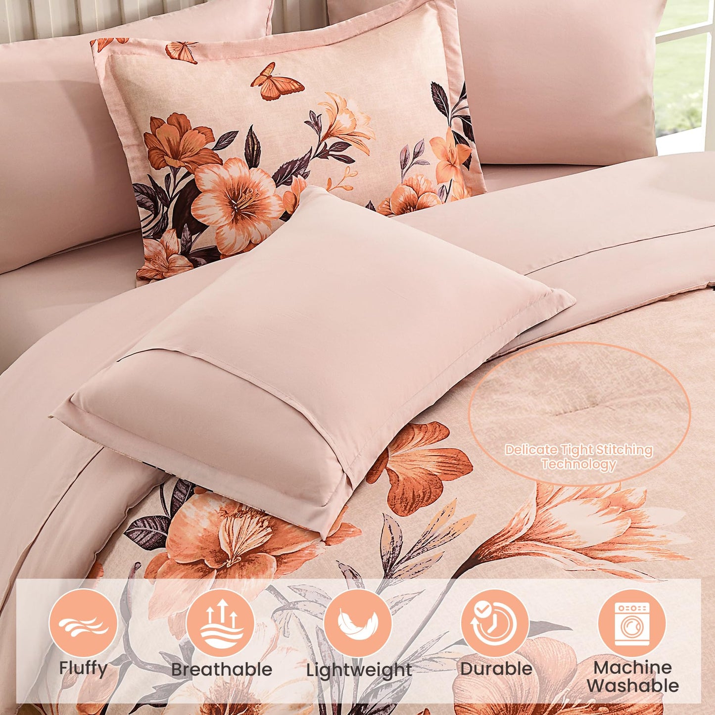 DHSFKBE Floral Comforter Set Queen Size,7 Piece Orange Bed in a Bag, Elegant Flower Pattern Comforter Set with Sheet, Soft Microfiber Complete Bedding Sets for All Season