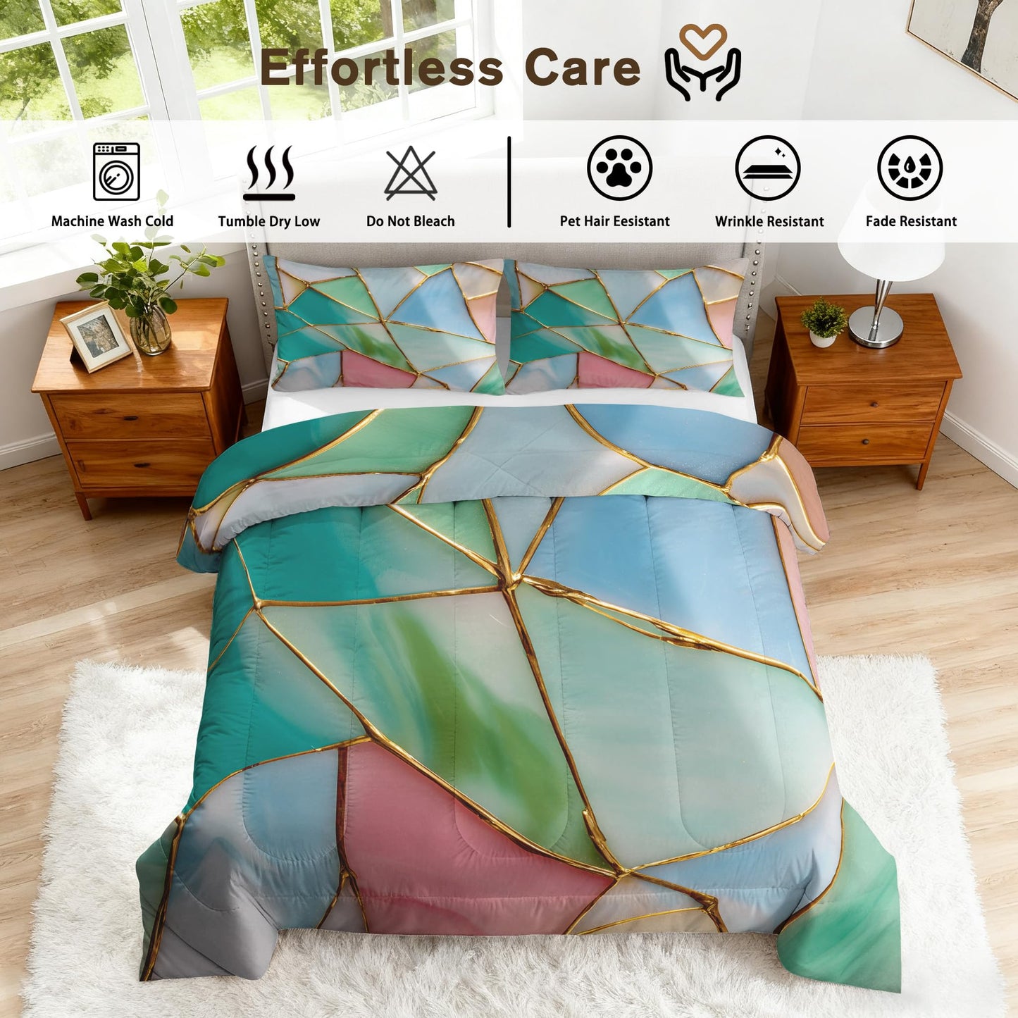 Flumoxa Stained Glass Comforter Set Full, Blue Green Marble Comforter Down Alternative All Season Bedding, Stained Glass Bed Sets Full Size with Pillowcase, Bedroom Decor