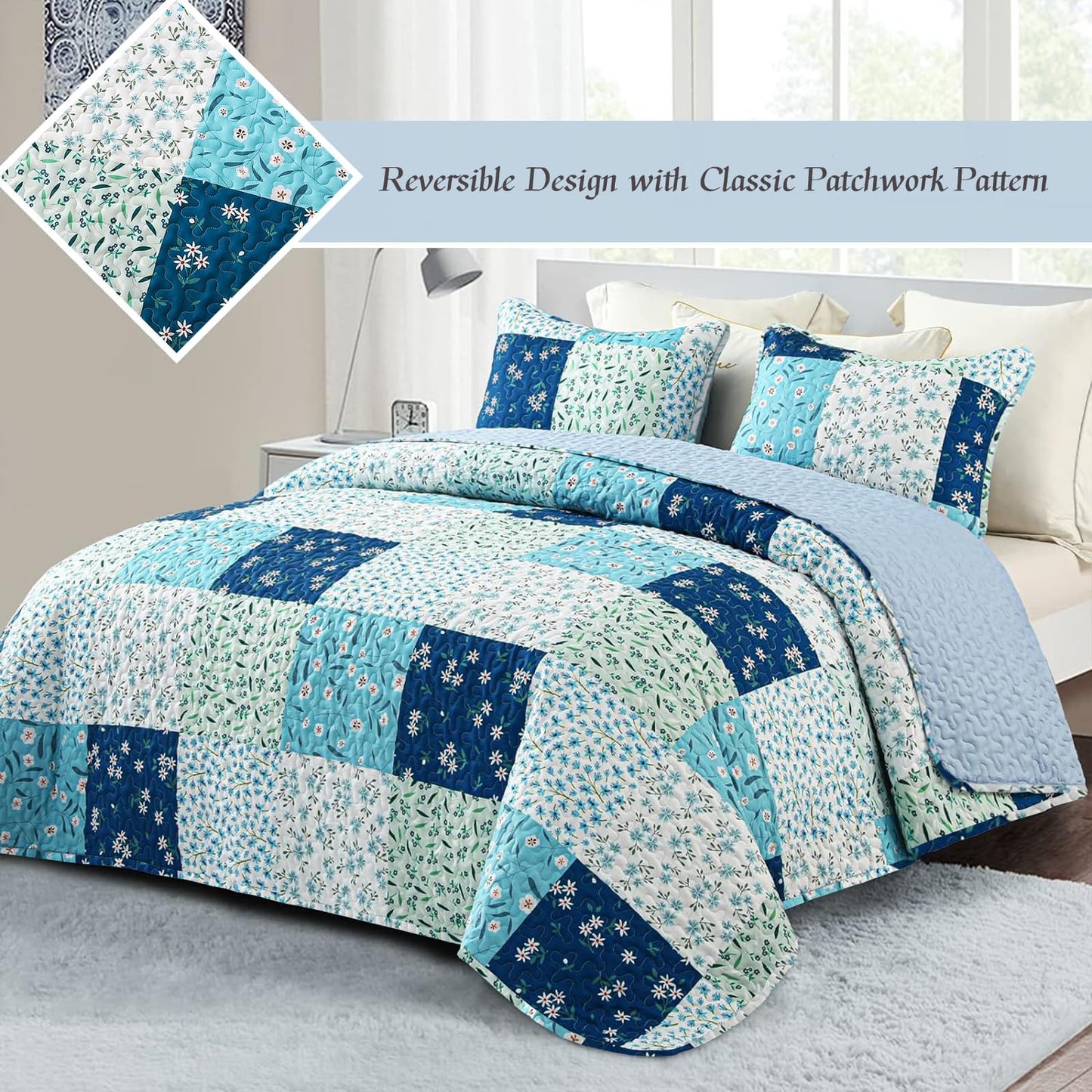 Whale Flotilla Patchwork Quilt King Size, Extra Soft Boho Floral Bedspreads for Bed Reversible Lightweight King Quilt Bedding Set Printed Coverlets with 2 Pillow Shams for All Seasons, Blue