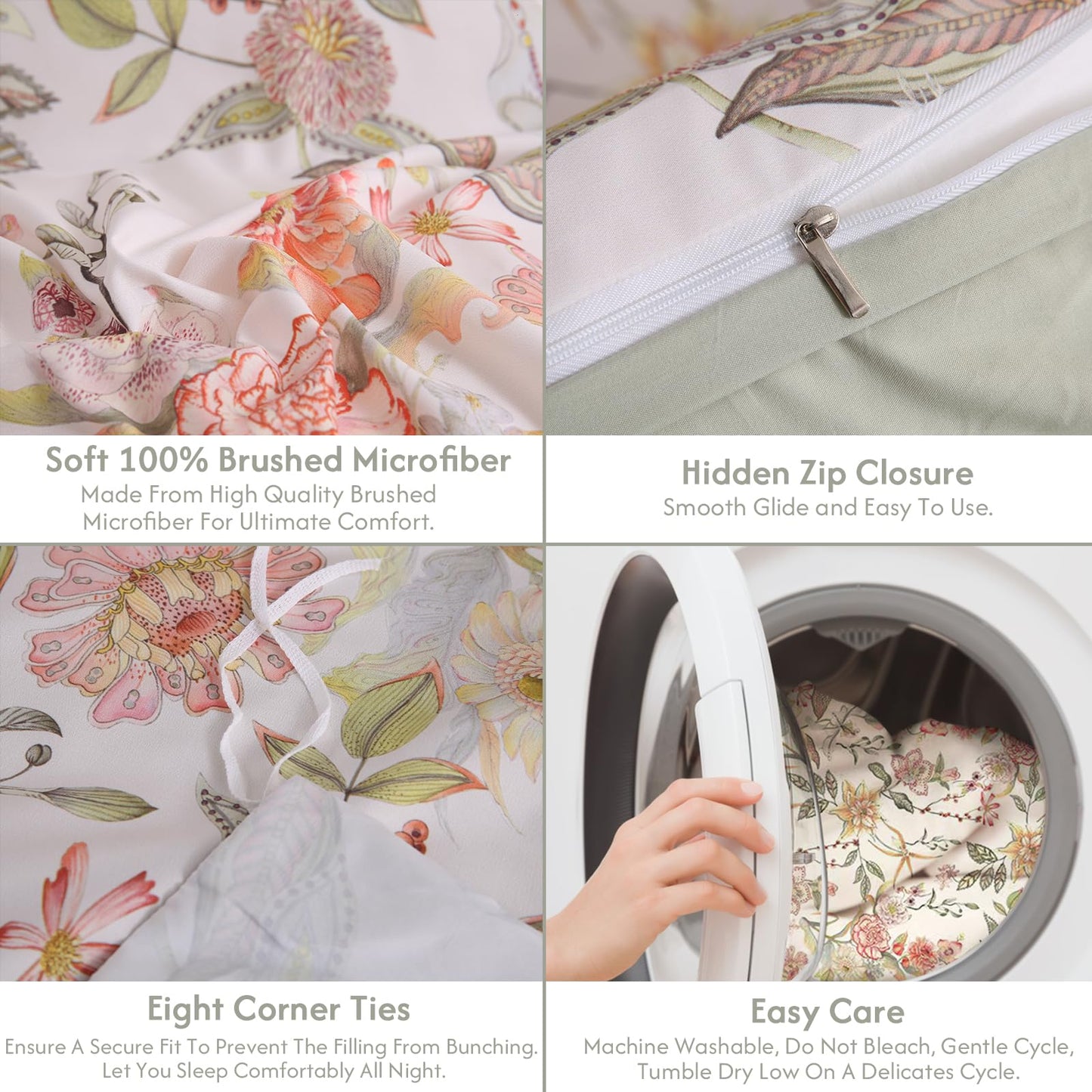 LONAVA Queen Floral 3 Pcs Duvet Cover Set, Breathable Soft Microfiber Glass Green Lining Comforter Cover with Zipper Closure, and 2 Anti-Pilling, Fade Resistant Pillowcases, Fall Floral