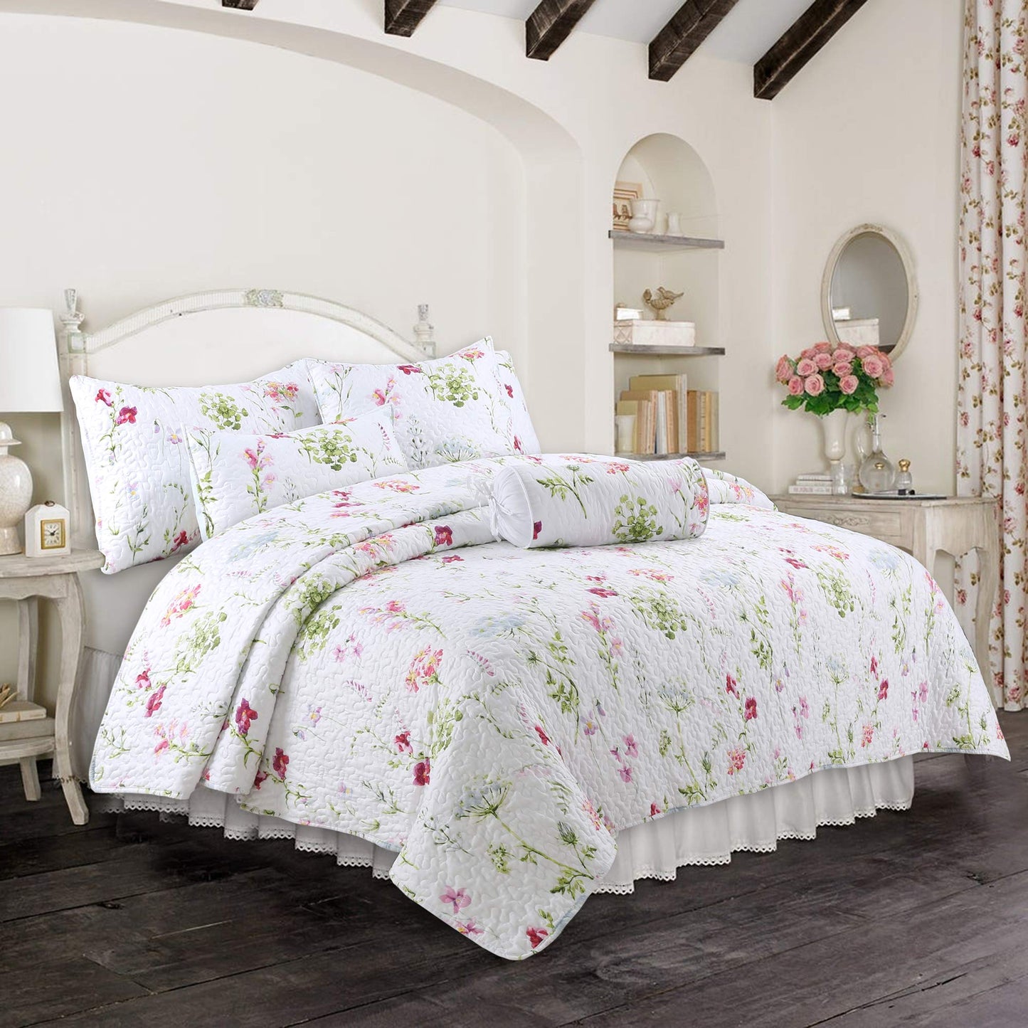 Cozy Line Home Fashions Light Pink Blue Flower Bloom Floral Garden Reversible Quilt Bedding Set, Coverlet Bedspread Lightweight for All Seasons (Carlotta, King - 3 Piece)