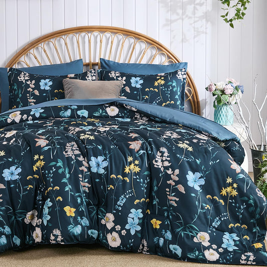 DJY Comforter Set King Size,Teal Blue Floral Bedding Comforter Sets,7 Pieces Bed in a Bag Lightweight Botanical Comforter Set with Sheets Pillowcases & Shams for All Seasons