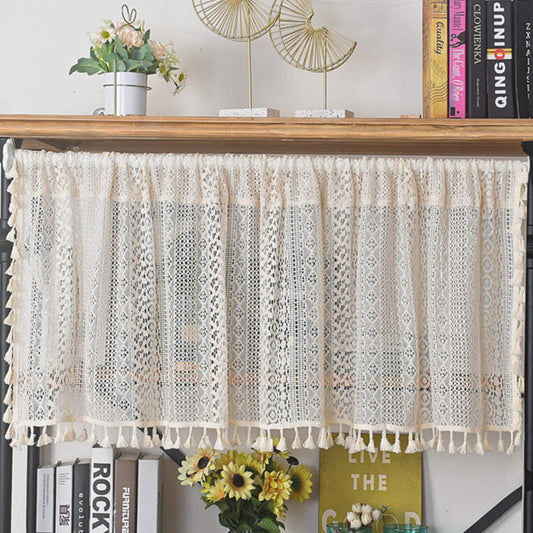 Deeprove 18 Inch Boho Curtain Valance for Windows Kitchen Dinning Room Cafe Oven Sink, Short Sheer Lace Crochet Curtain Knit Handmade Macrame Tassels, Vintage Chic Home Decor W59 x L18, 1 Panel, Cream
