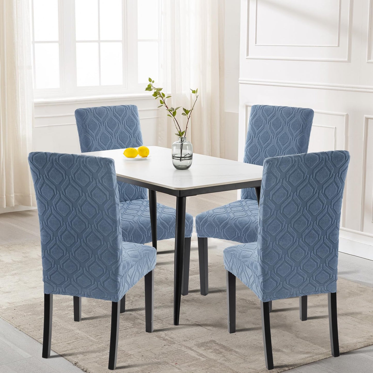 SearchI Dining Room Chair Covers Set of 4, Stretch Jacquard Parsons Chair Slipcovers Spandex Removable Washable Kitchen Chair Protector Cover for Dining Room, Hotel, Ceremony (Gray-Blue Geometric)