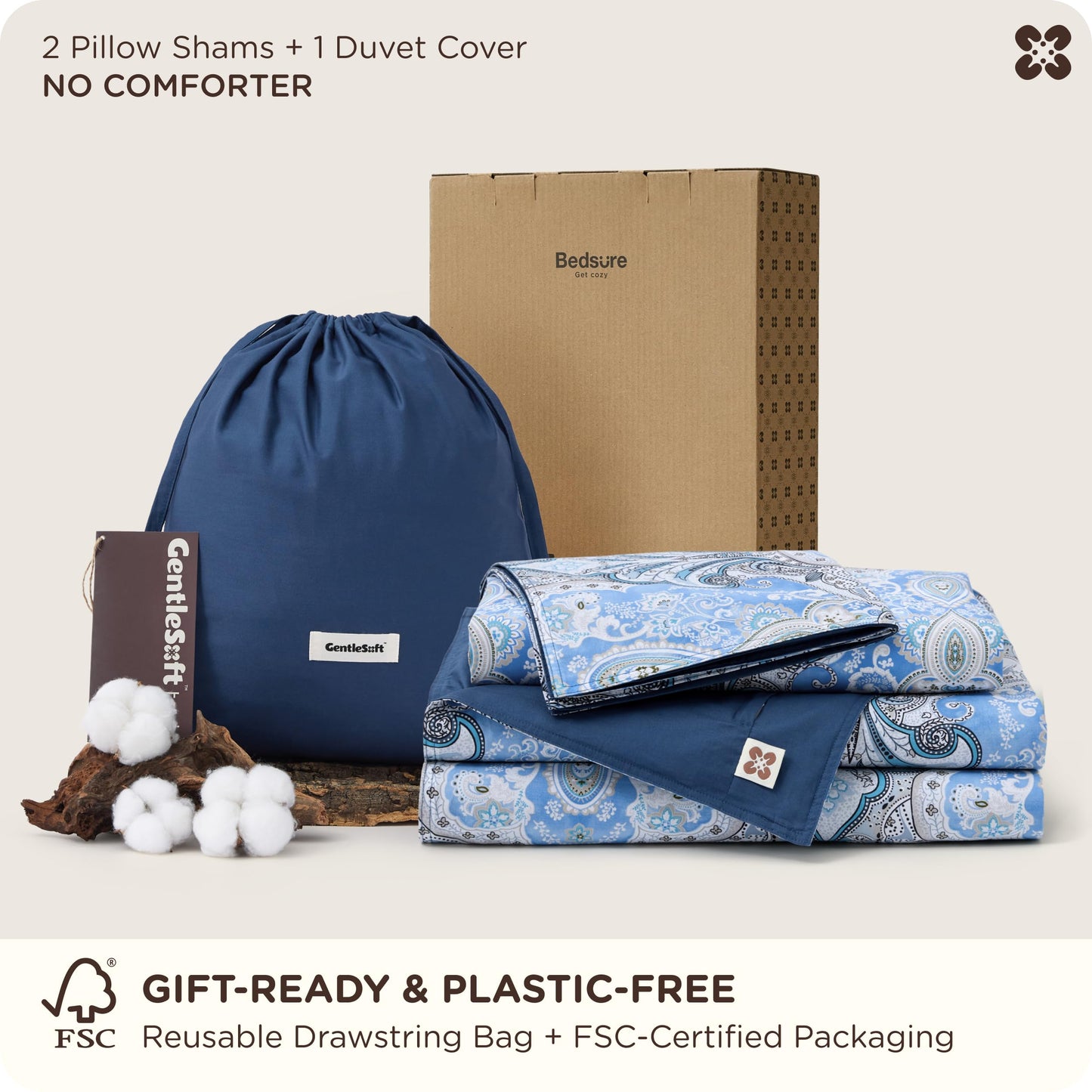 Bedsure Duvet Cover Queen Size - 100% Cotton Reversible Classic Paisley Damask Pattern Duvet Cover Set, 3 Pieces Soft & Breathable PureWoven Bedding Set with 2 Pillow Shams (Blue Paisley 90"x90")