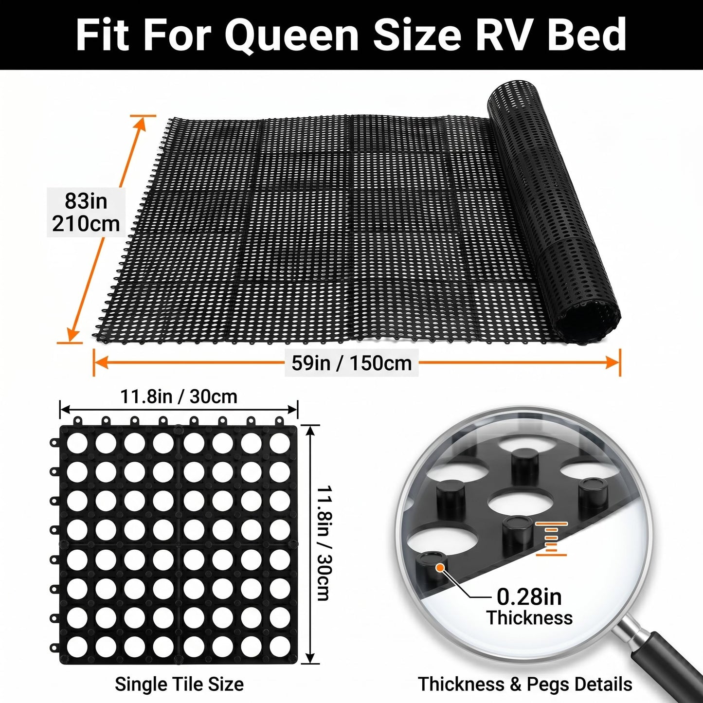 83" L x 59" Inch Plastic Ventilated Mattress Underlay Pad for RV Boat Camper Interlocking Modular Design, Breathable Mesh RV Under Mattress Ventilation Air-Flow (Black)