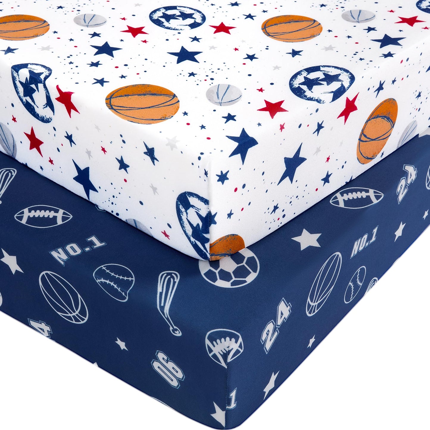 Nyessmee Pack and Play Sheets for Boys Girls, 38" x 26" Mini Crib Sheets Fitted for Pack n Play Mattress, Soft Breathable Playard Sheets, 2-Pack Blue Basketball