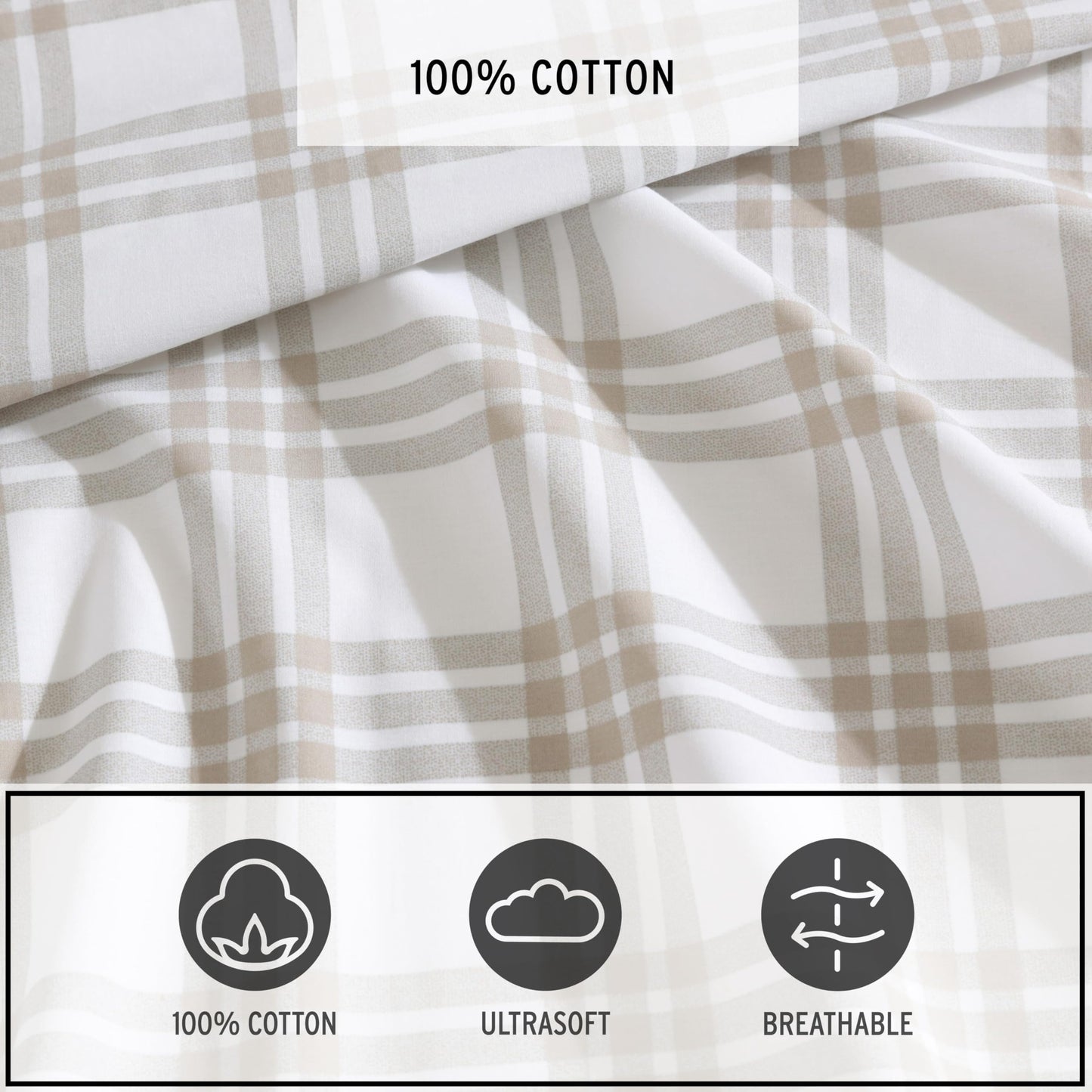 Eddie Bauer - Twin Sheet Set, Cotton Percale Bedding Set, Super Soft and Bedding Set, Oeko-Tex Certified (Basic Plaid Beige, Twin)
