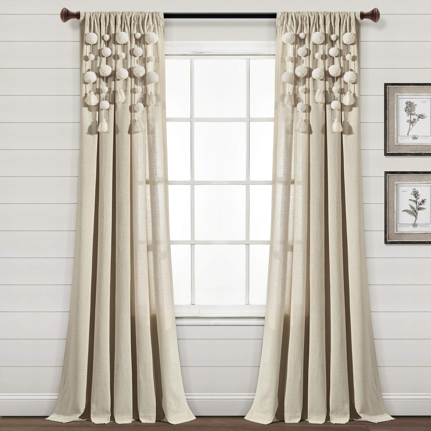 Lush Decor Boho Pom Pom Tassel Linen Textured Window Curtain Panel, Single 52" W x 95" L Linen -