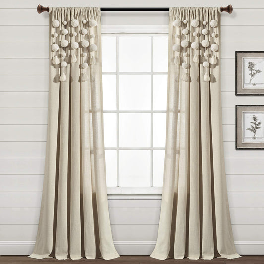 Lush Decor Boho Pom Pom Tassel Linen Textured Window Curtain Panel, Single 52" W x 95" L Linen -