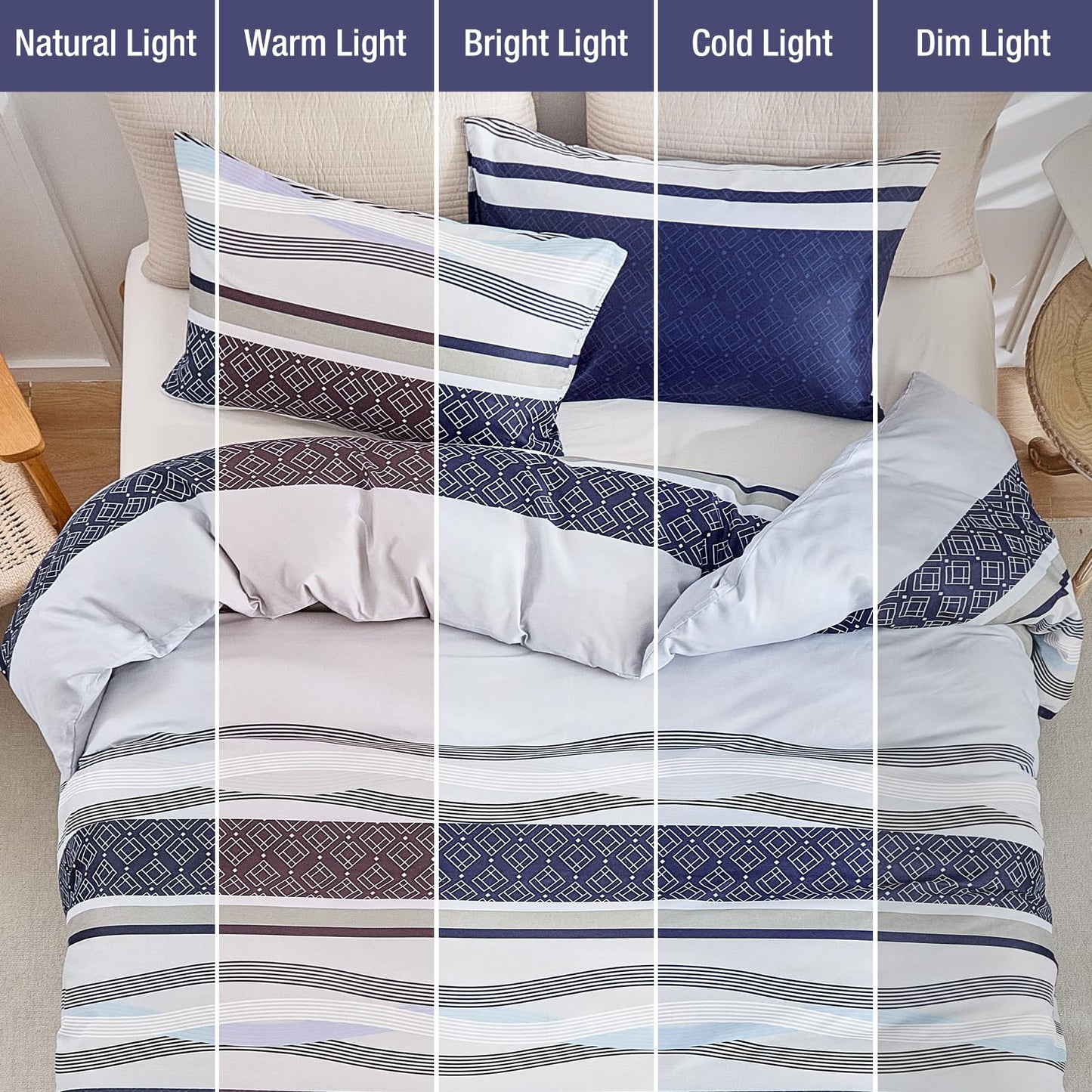 Lekesky Boho Duvet Cover Queen, 3 Pieces Blue Striped Duvet Cover Set Soft Bohemian Bedding Aztec Comforter Cover Set Queen Size with Hidden Zipper & Corner Ties (1 Duvet Cover 90x90 inches)